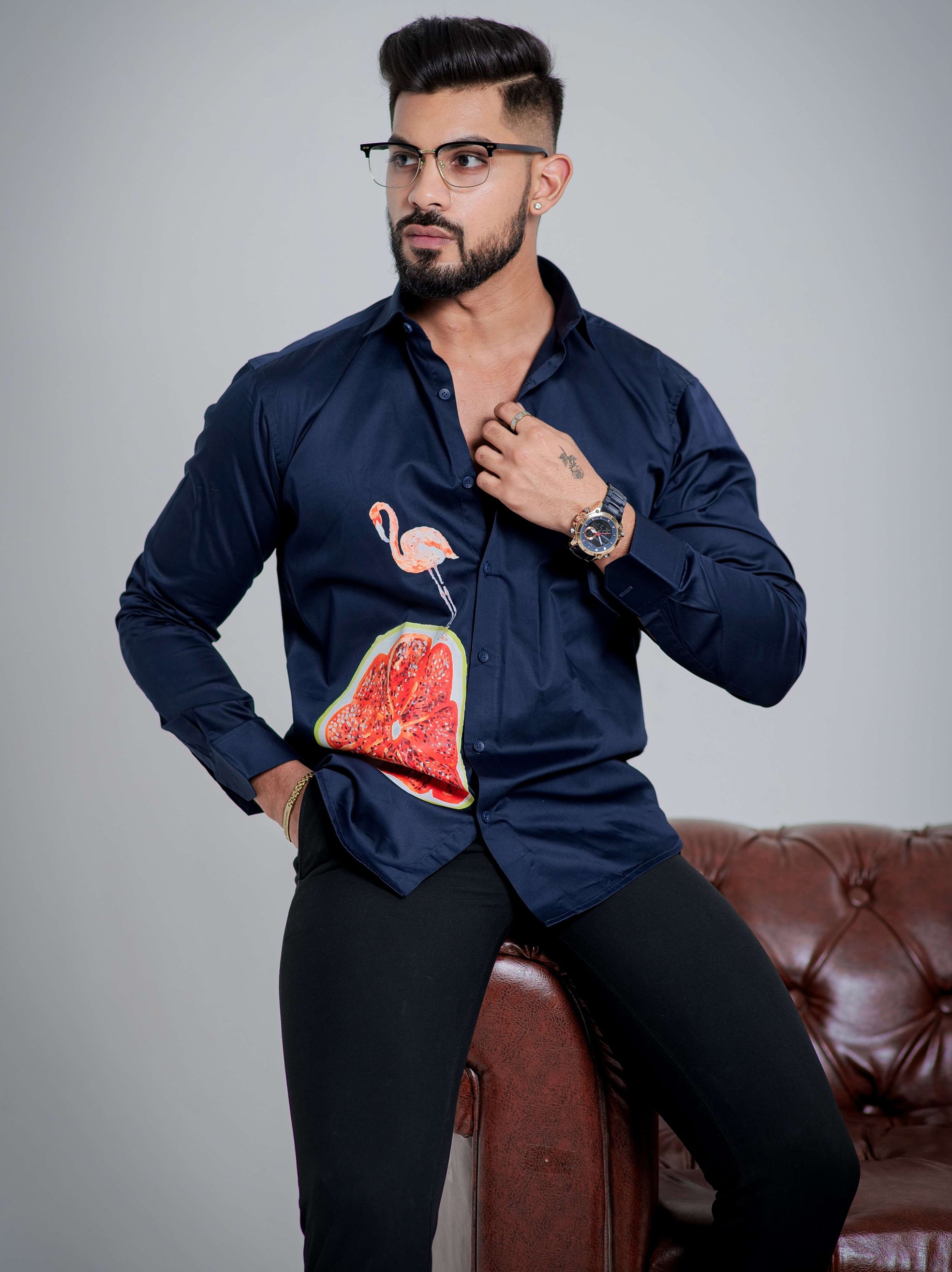 Blue Club Wear Printed Satin Cotton Shirt