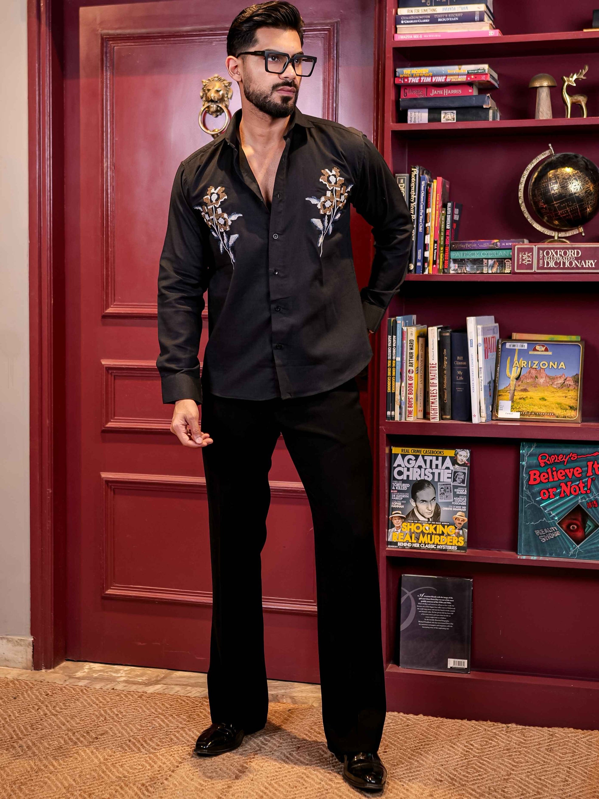 BLACK FLOWER EMBROIDERED LUXURY LINEN COTTON MEN'S SHIRT