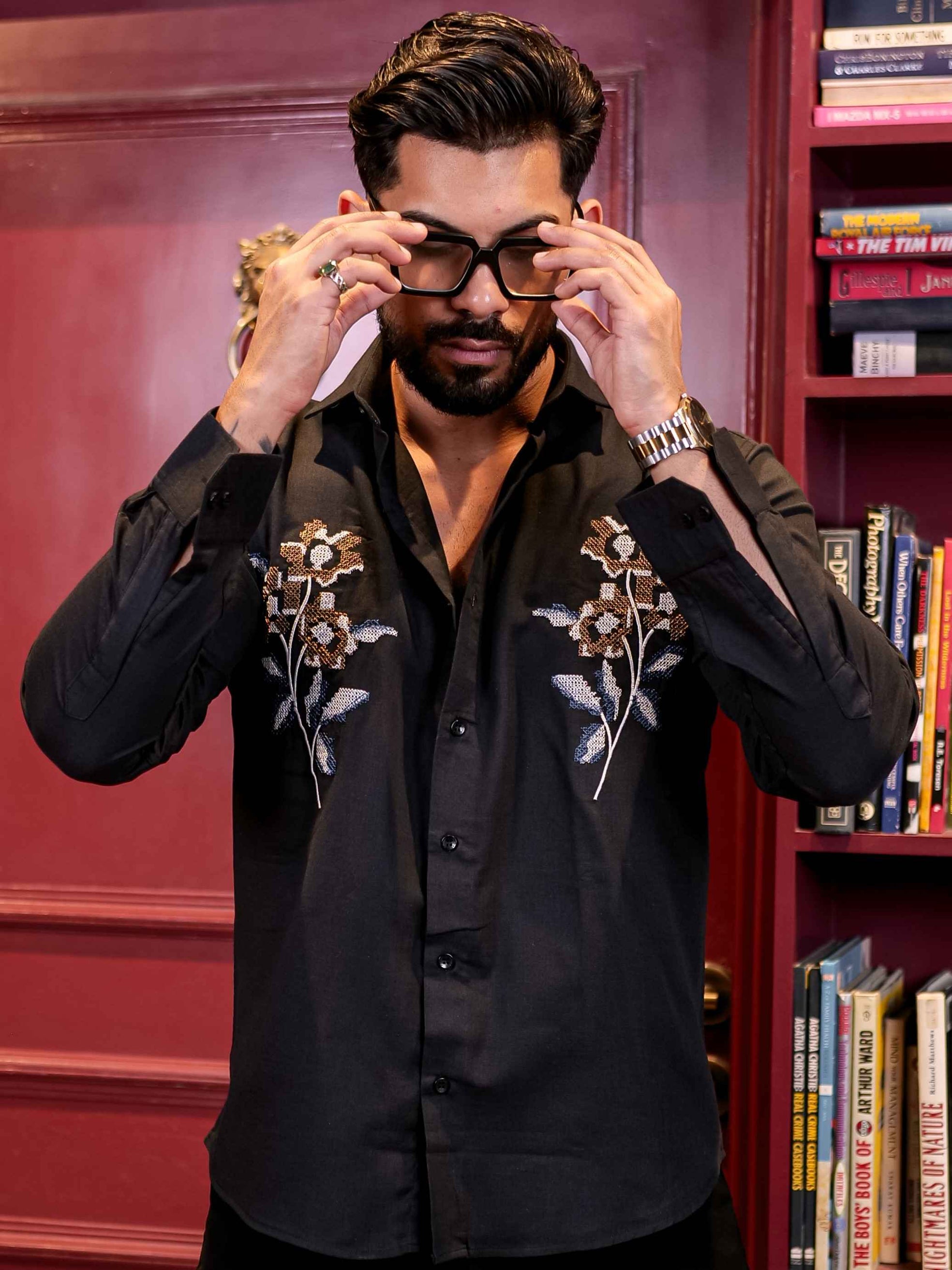 BLACK FLOWER EMBROIDERED LUXURY LINEN COTTON MEN'S SHIRT