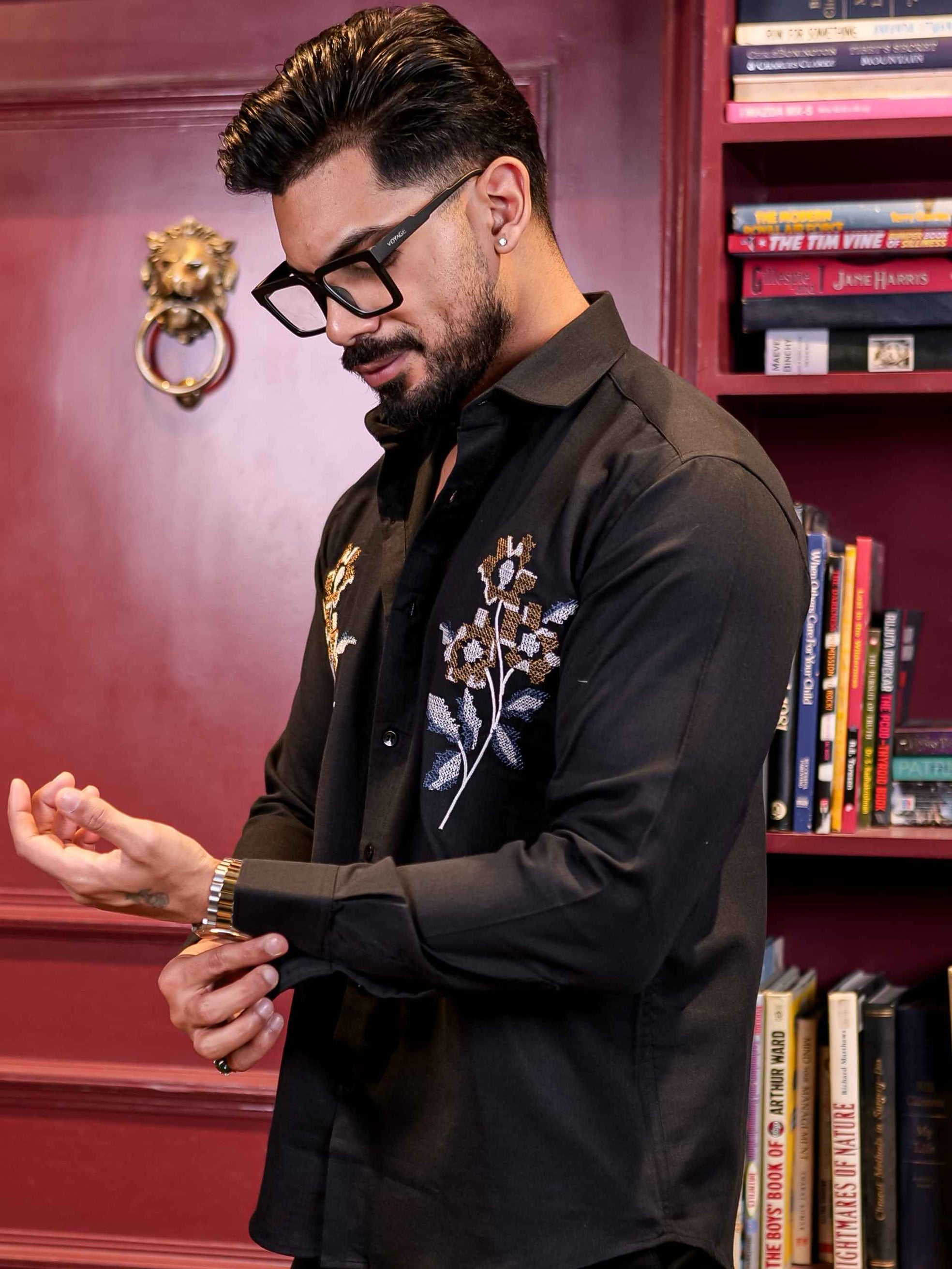 BLACK FLOWER EMBROIDERED LUXURY LINEN COTTON MEN'S SHIRT