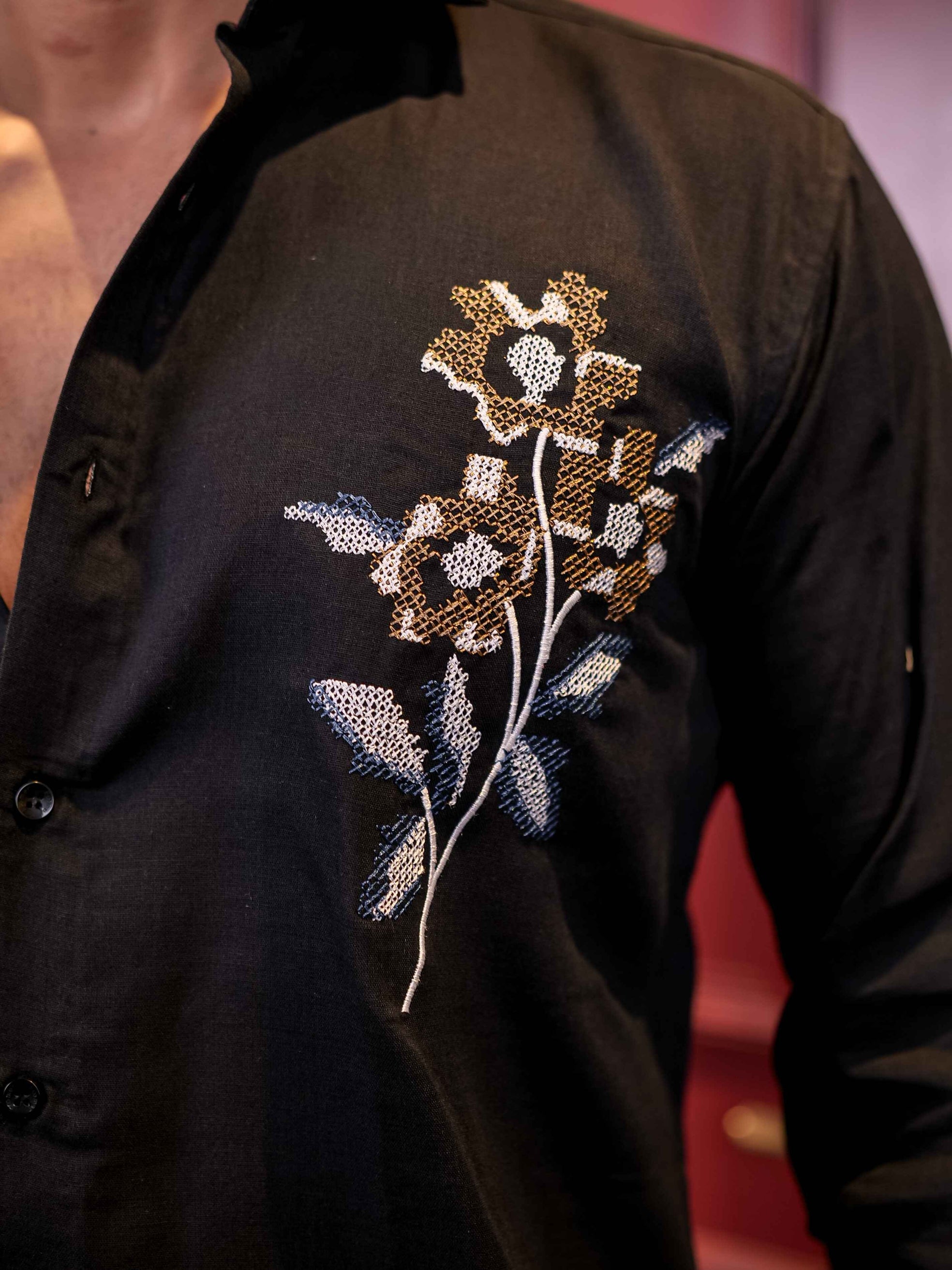 BLACK FLOWER EMBROIDERED LUXURY LINEN COTTON MEN'S SHIRT