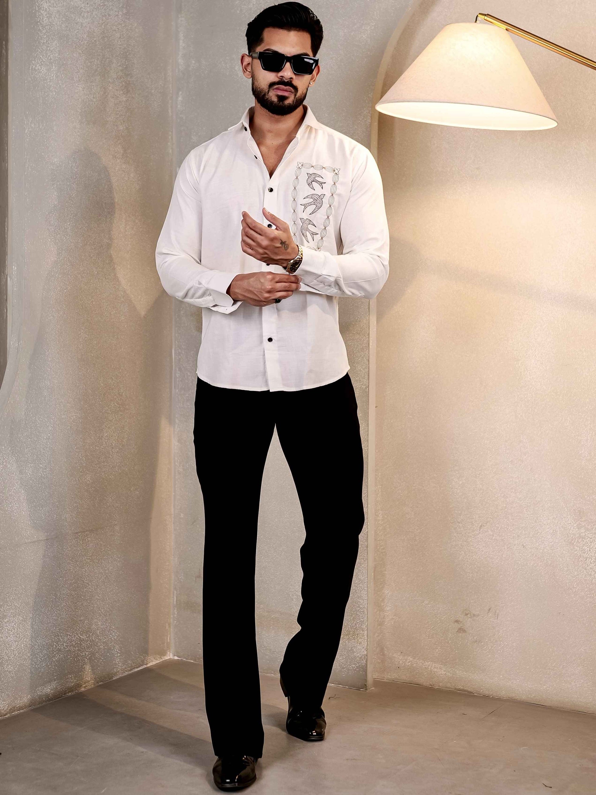 WHITE BIRDS EMBROIDERED LUXURY LINEN COTTON MEN'S SHIRT