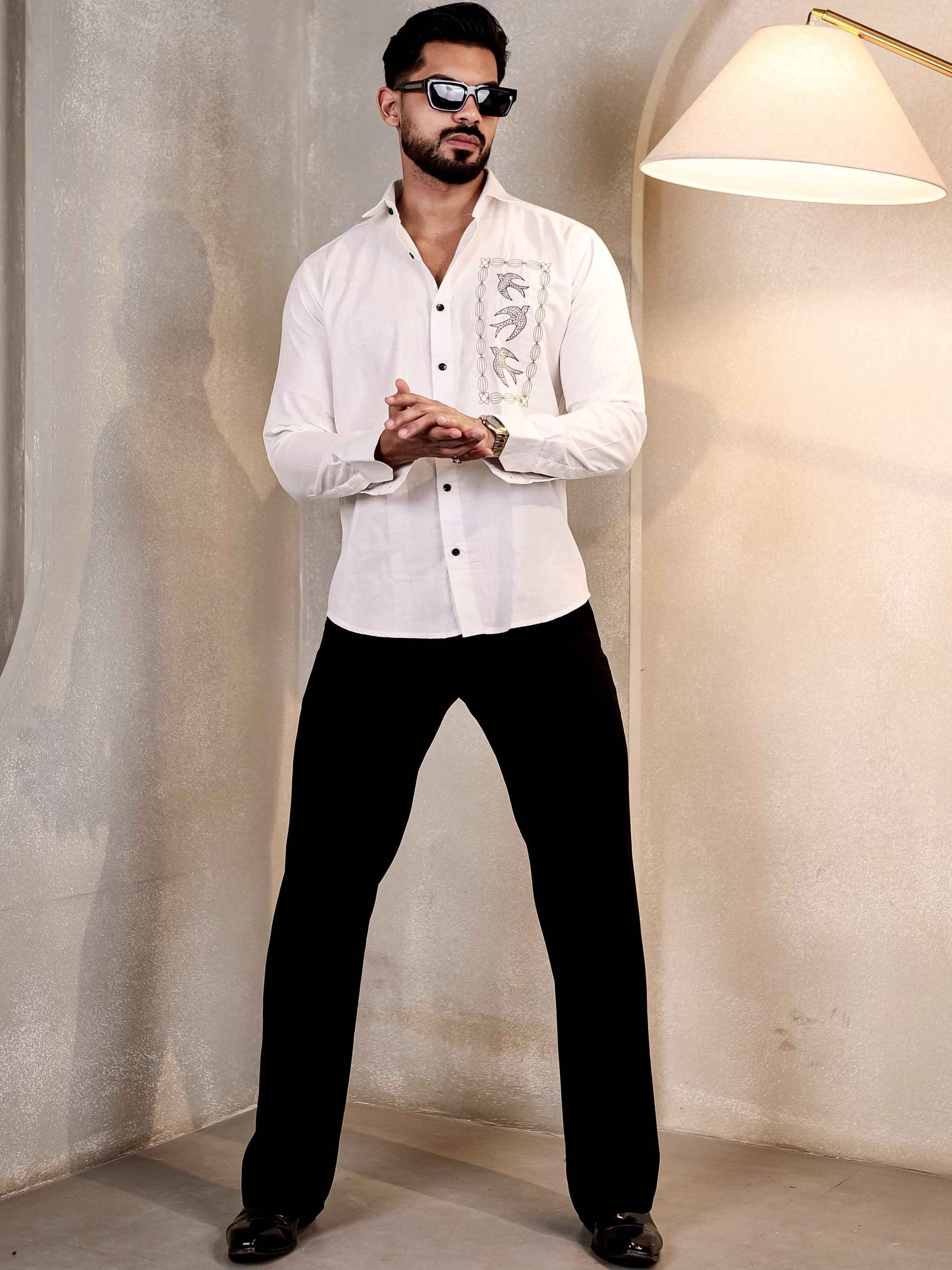 WHITE BIRDS EMBROIDERED LUXURY LINEN COTTON MEN'S SHIRT