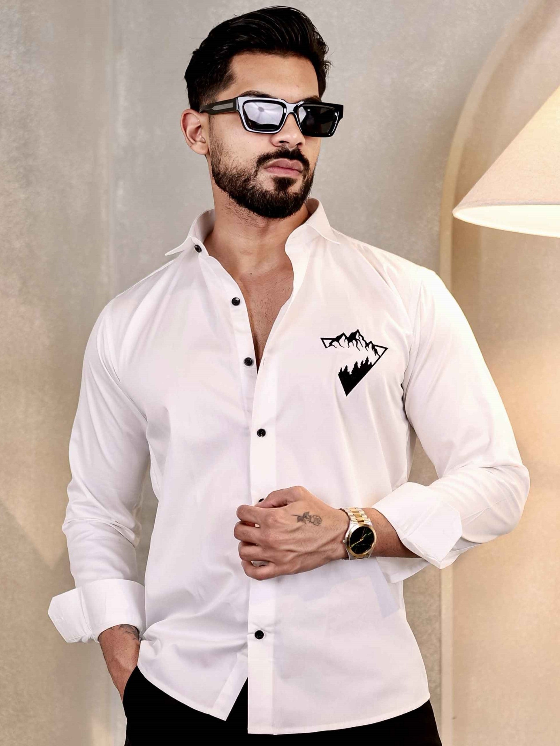 WHITE EMBROIDERY SATIN COTTON SHIRT FOR MEN'S