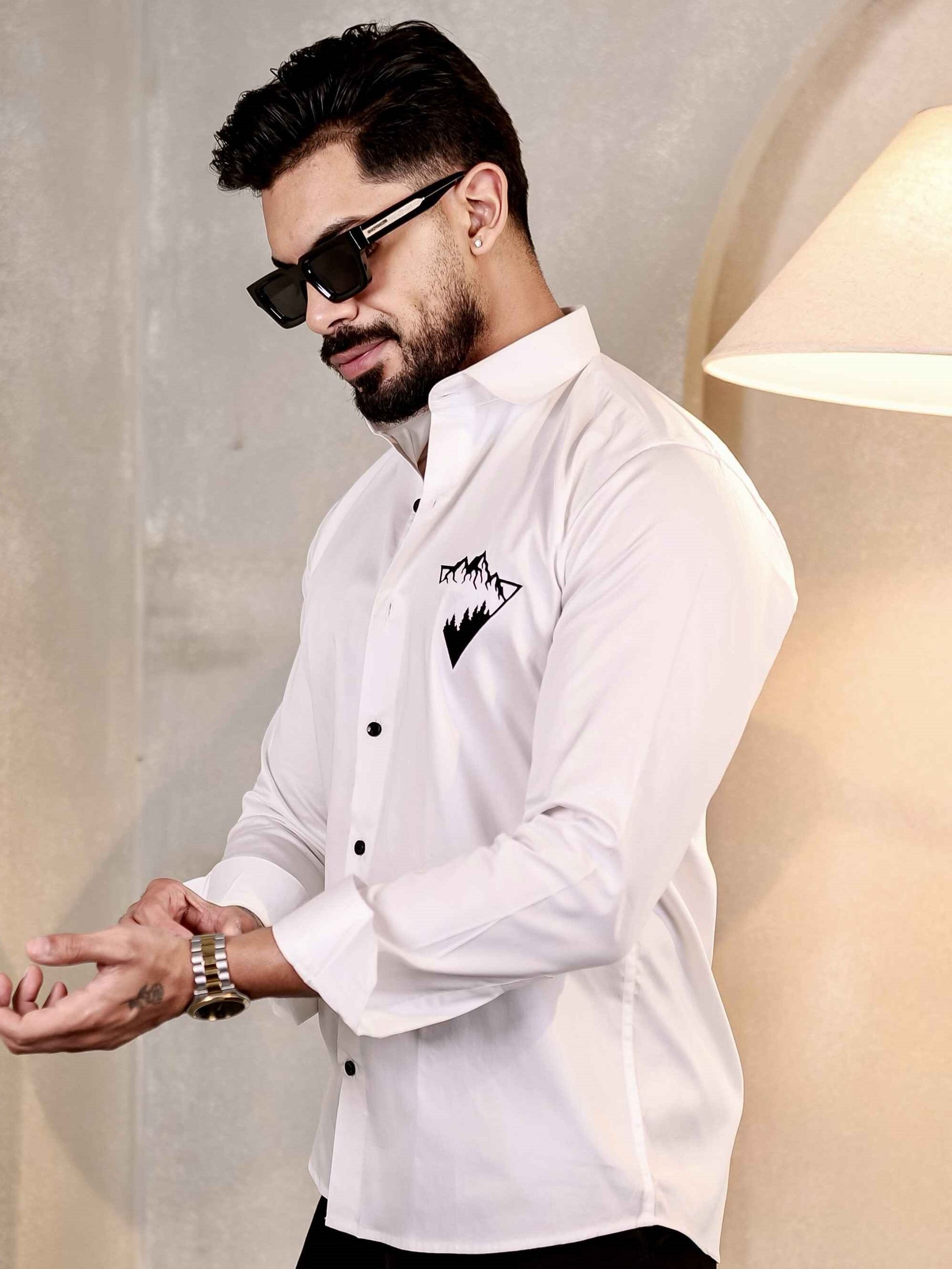 WHITE EMBROIDERY SATIN COTTON SHIRT FOR MEN'S