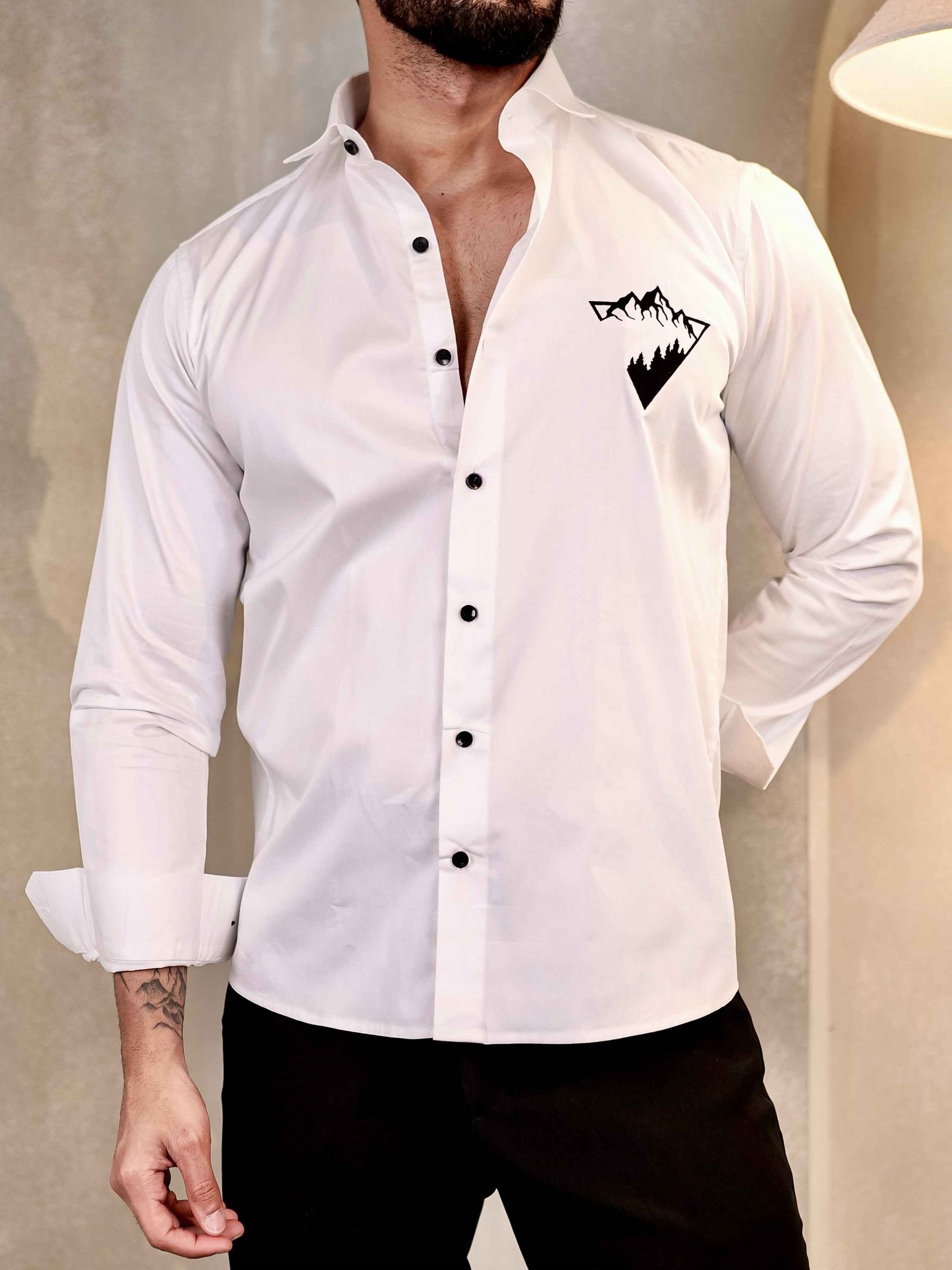 WHITE EMBROIDERY SATIN COTTON SHIRT FOR MEN'S