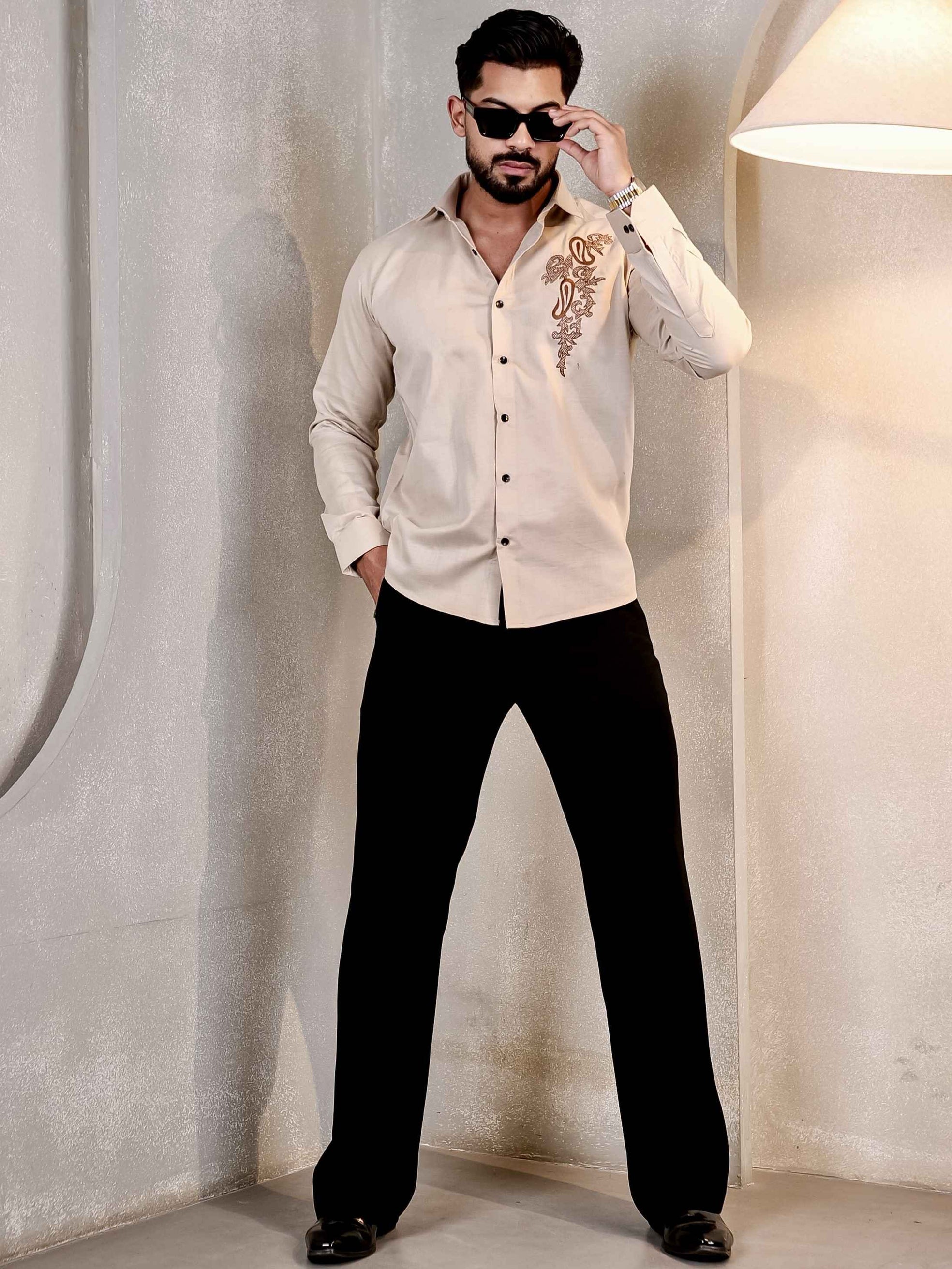 CREAM KERI EMBROIDERED LUXURY LINEN MEN'S SHIRT