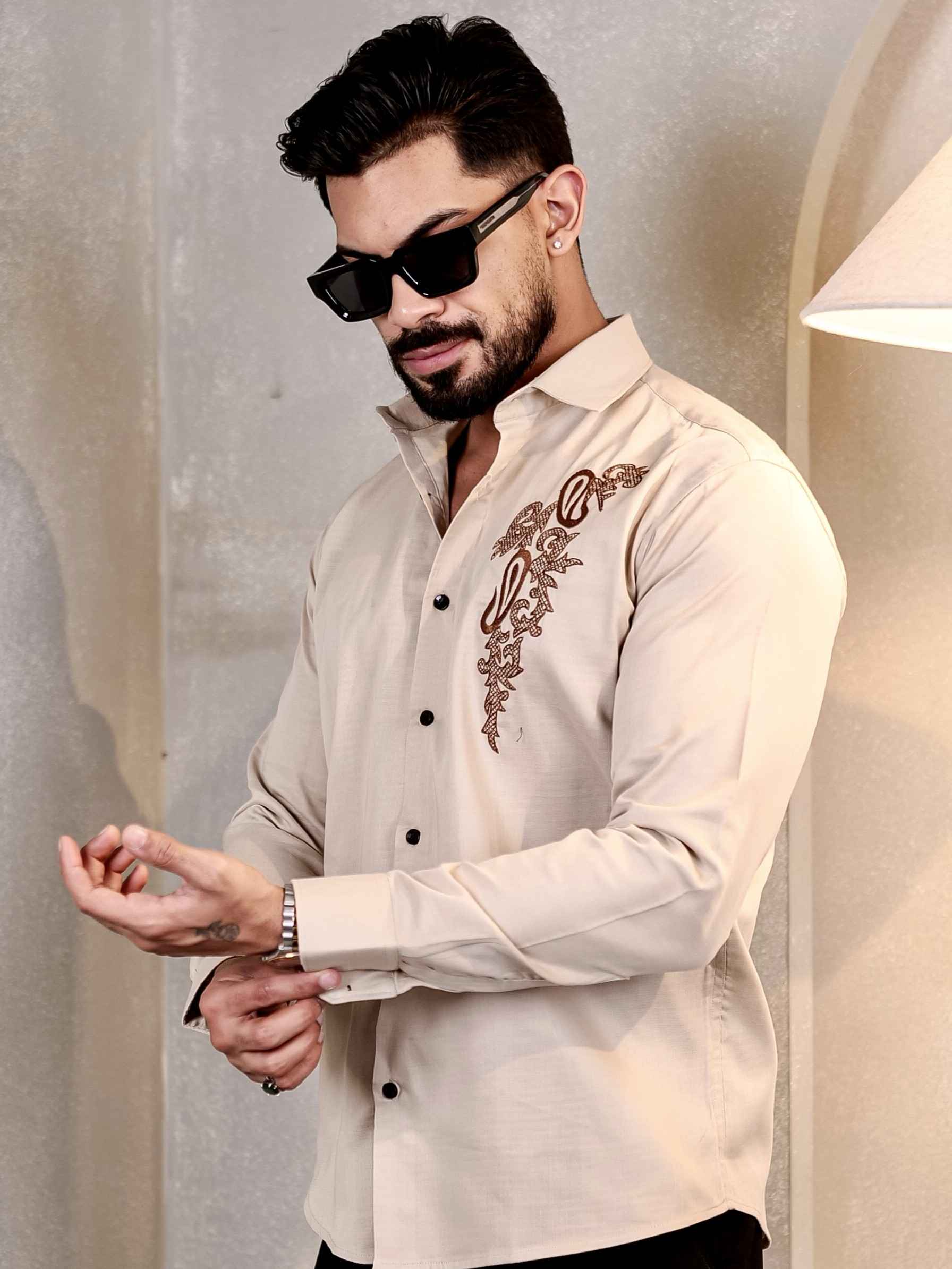 CREAM KERI EMBROIDERED LUXURY LINEN MEN'S SHIRT
