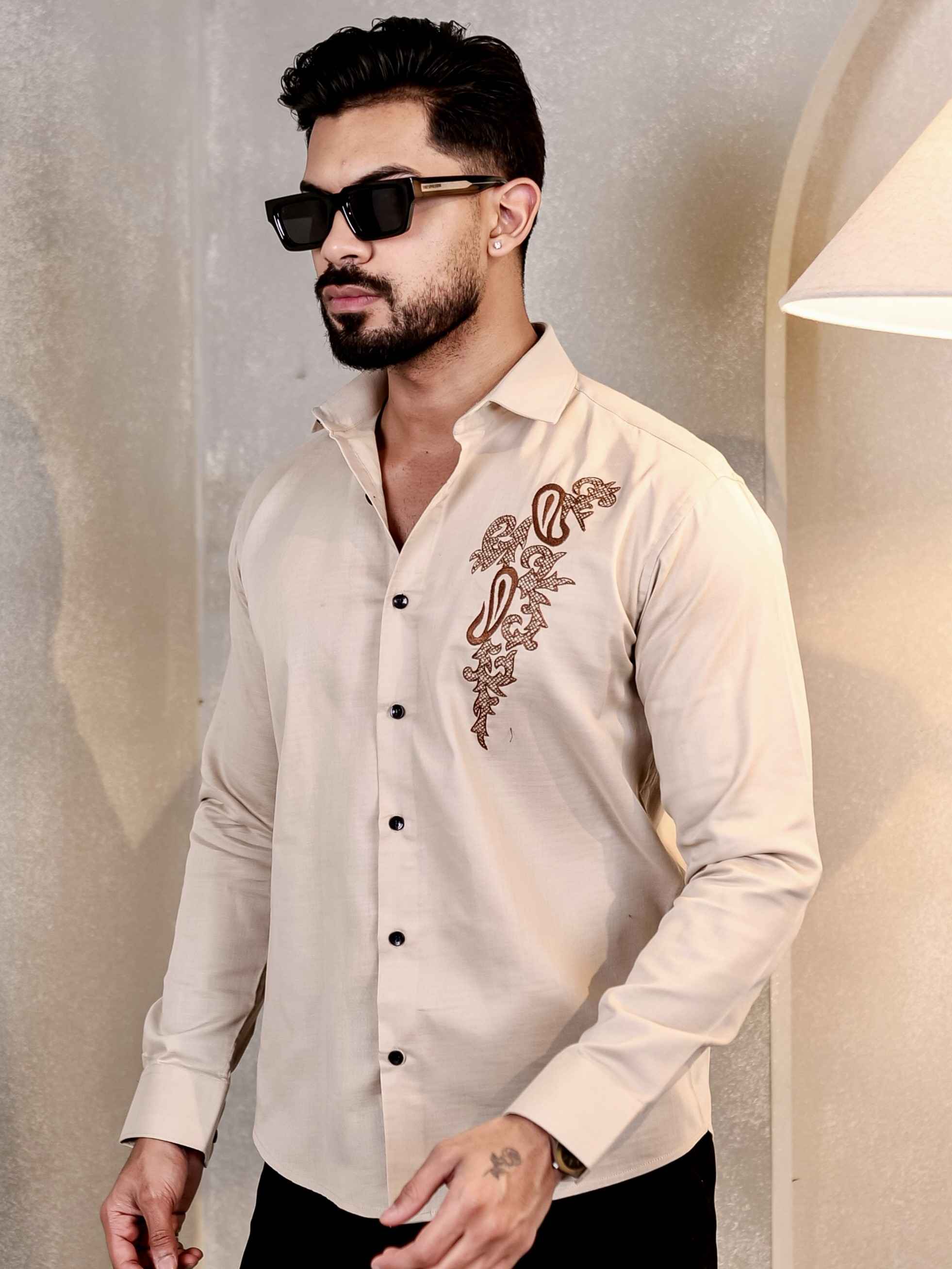 CREAM KERI EMBROIDERED LUXURY LINEN MEN'S SHIRT