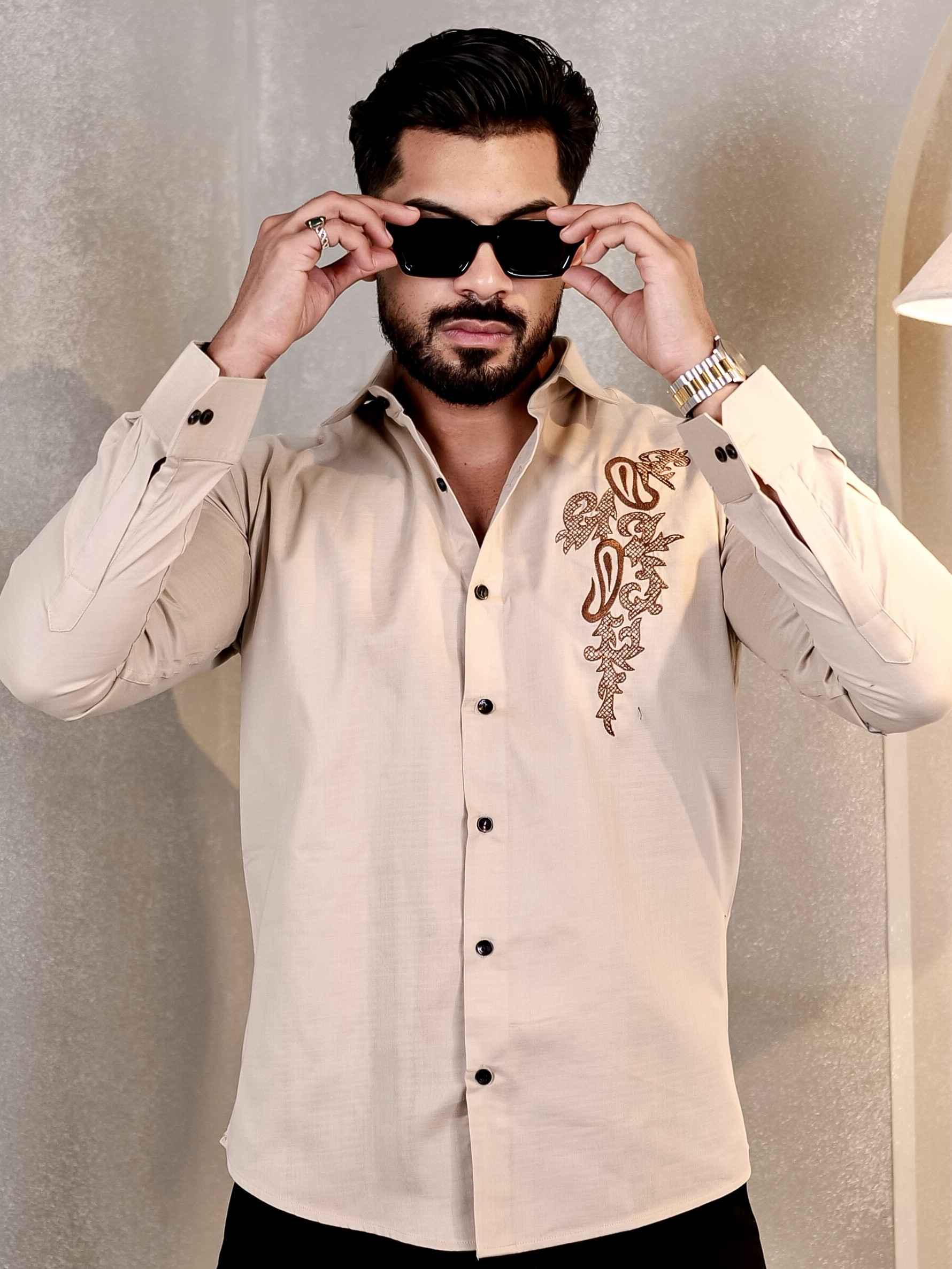 CREAM KERI EMBROIDERED LUXURY LINEN MEN'S SHIRT