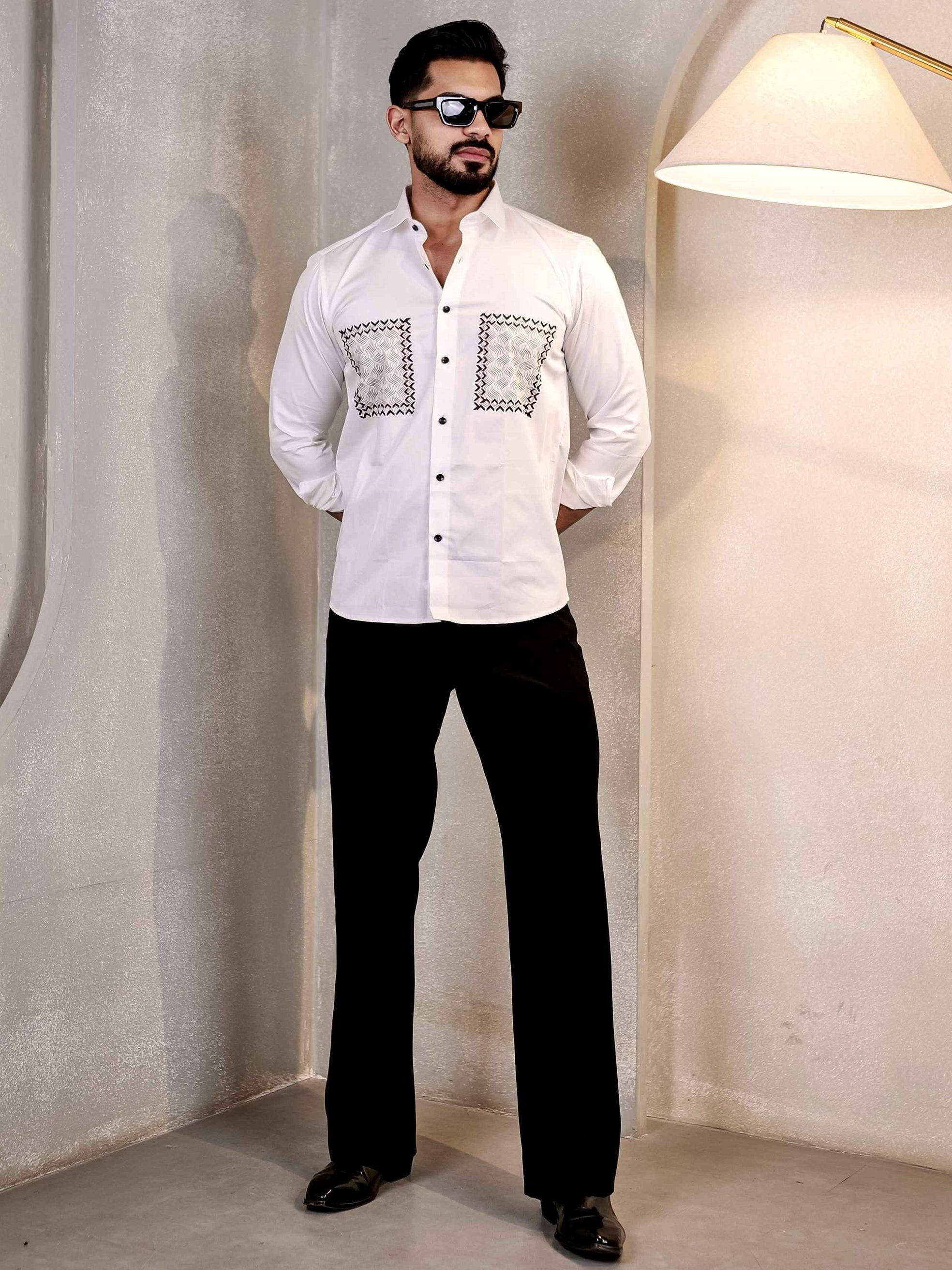 WHITE CLUB WEAR BOX PRINTED SATIN COTTON MEN'S SHIRT