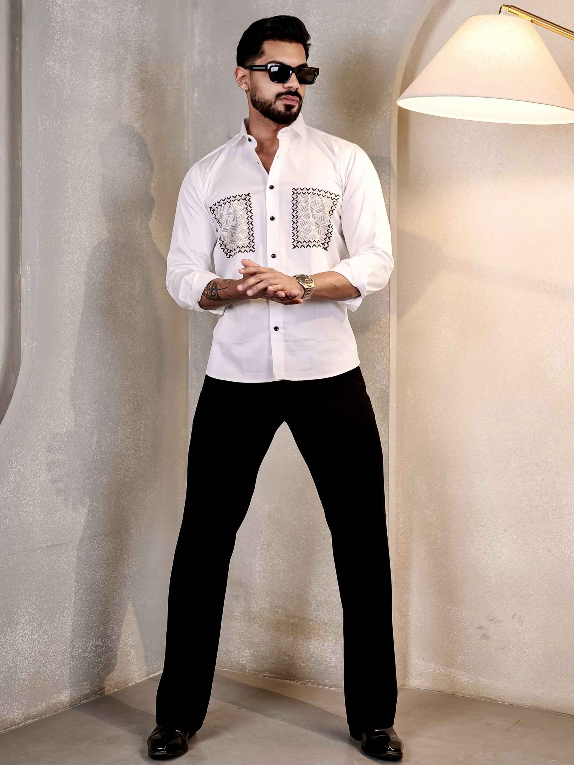 WHITE CLUB WEAR BOX PRINTED SATIN COTTON MEN'S SHIRT
