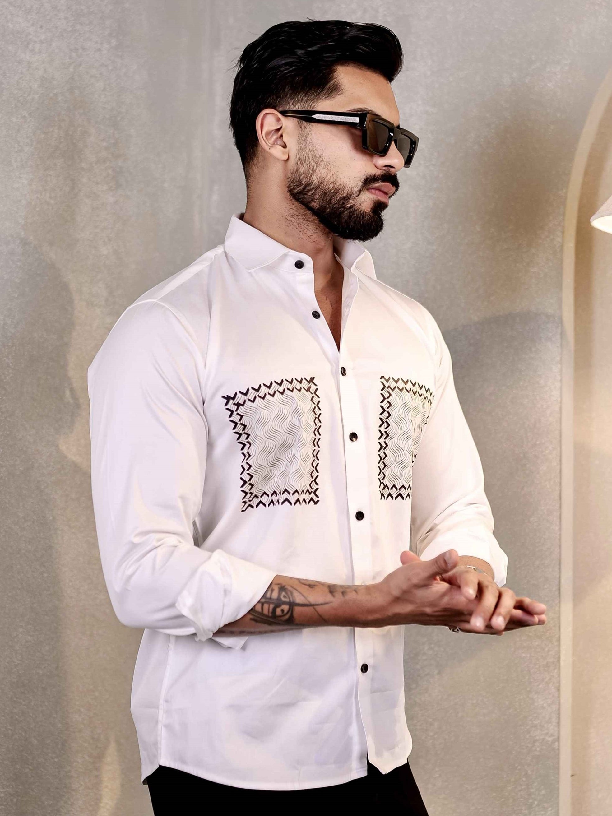WHITE CLUB WEAR BOX PRINTED SATIN COTTON MEN'S SHIRT