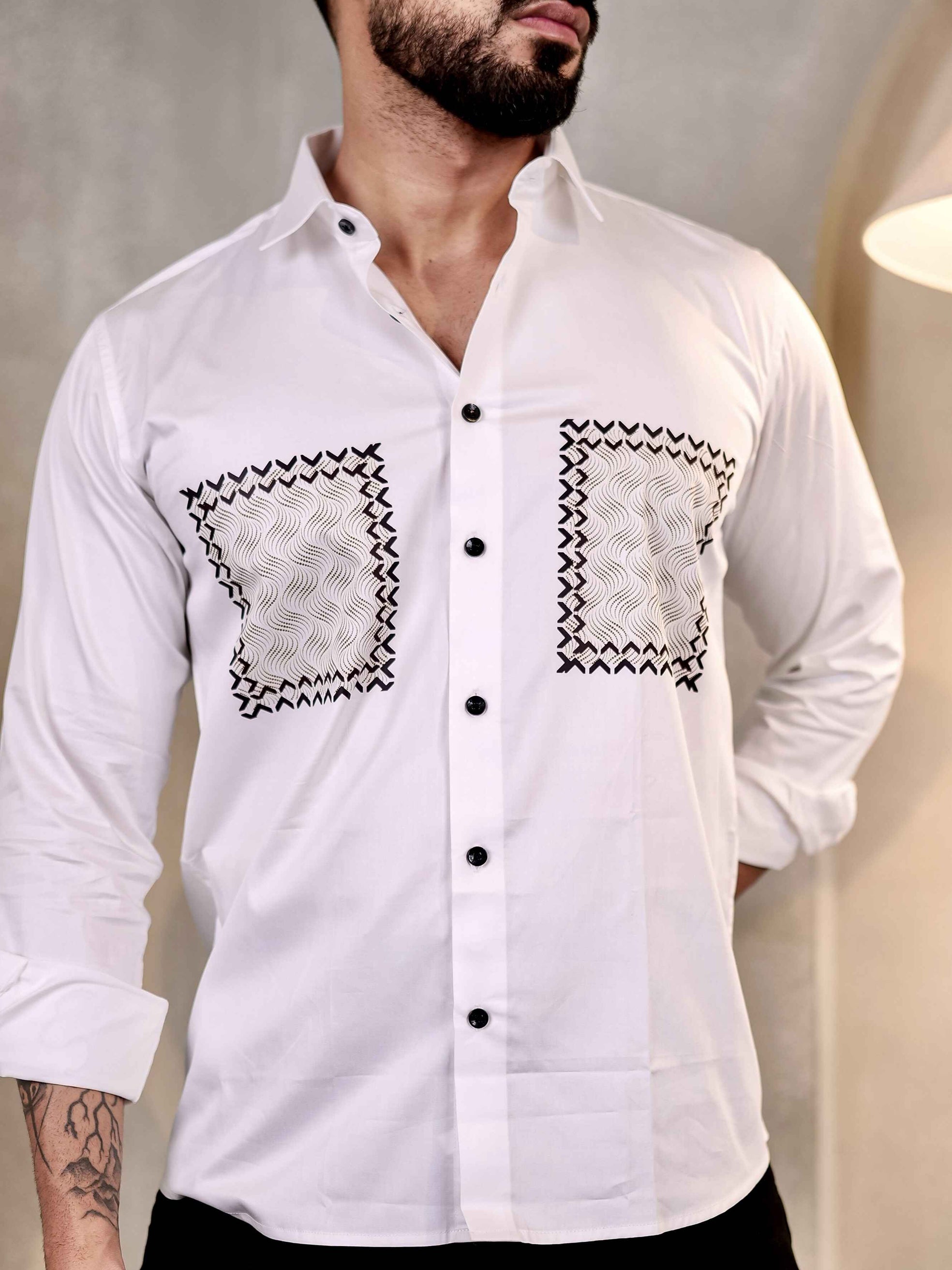 WHITE CLUB WEAR BOX PRINTED SATIN COTTON MEN'S SHIRT