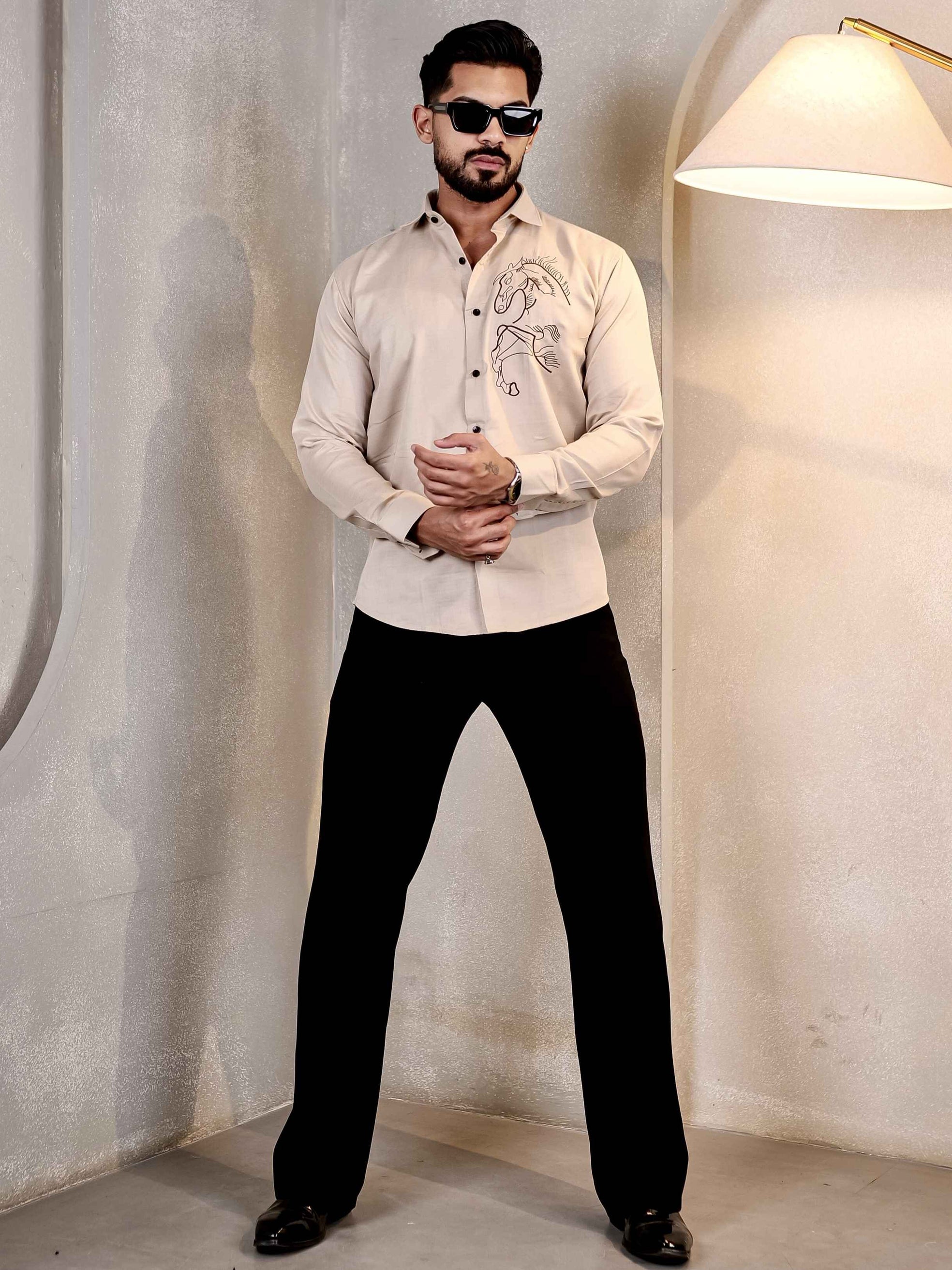CREAM ART HORSE EMBROIDERED LUXURY LINEN MEN'S SHIRT
