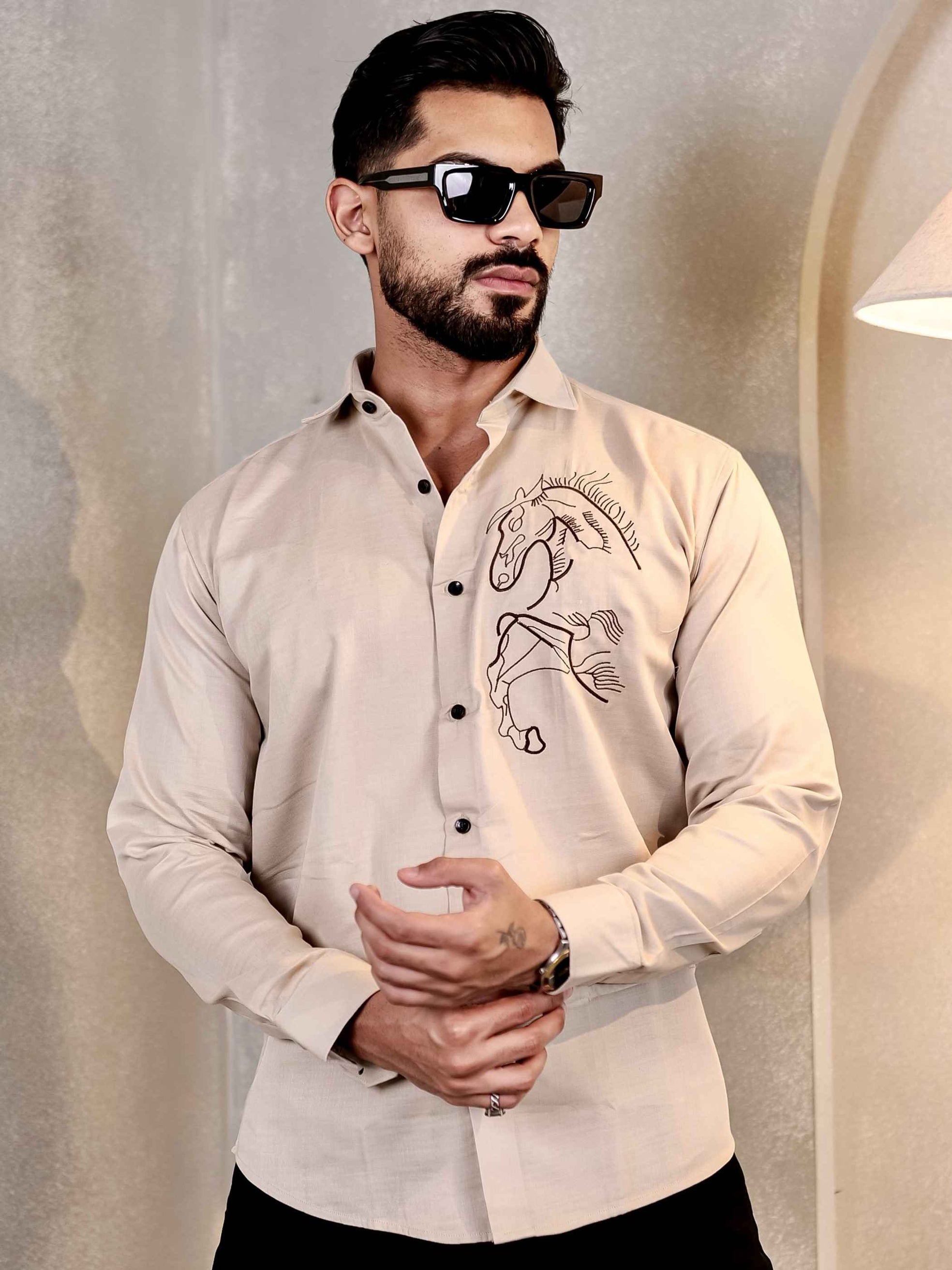 CREAM ART HORSE EMBROIDERED LUXURY LINEN MEN'S SHIRT