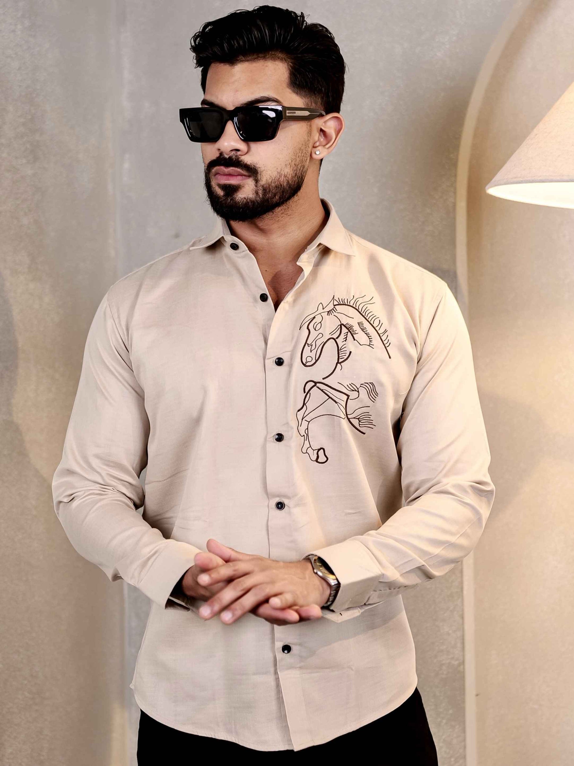 CREAM ART HORSE EMBROIDERED LUXURY LINEN MEN'S SHIRT