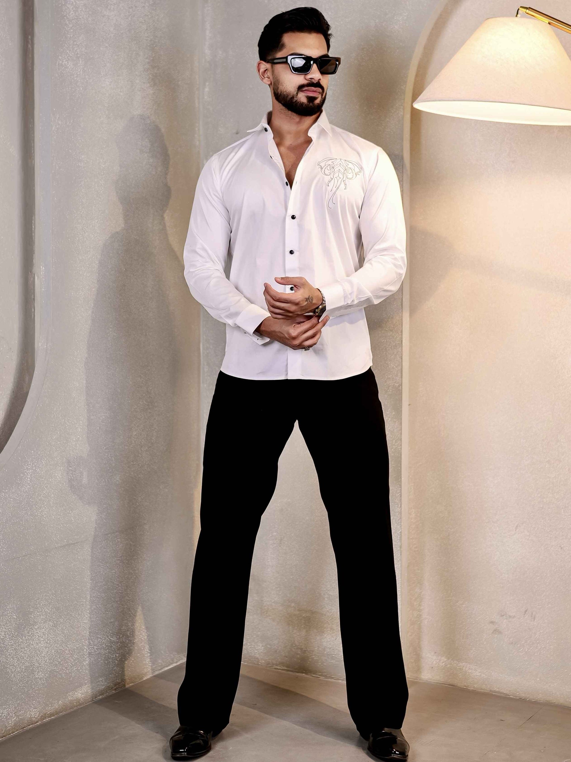 ELEPHANT EMBROIDERED WHITE LUXURY COTTON FOR MEN'S SHIRT