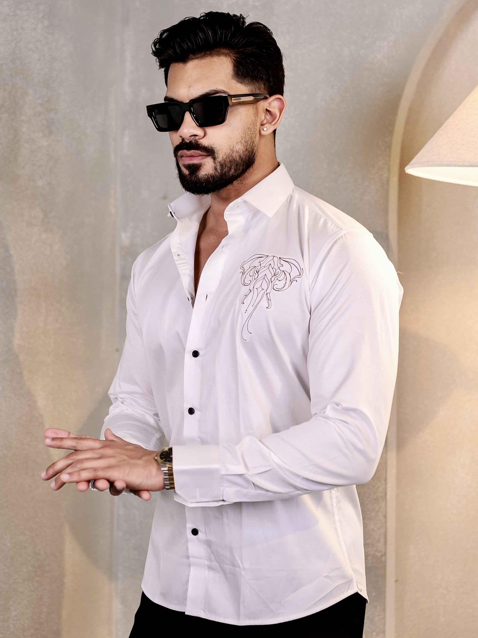 ELEPHANT EMBROIDERED WHITE LUXURY COTTON FOR MEN'S SHIRT