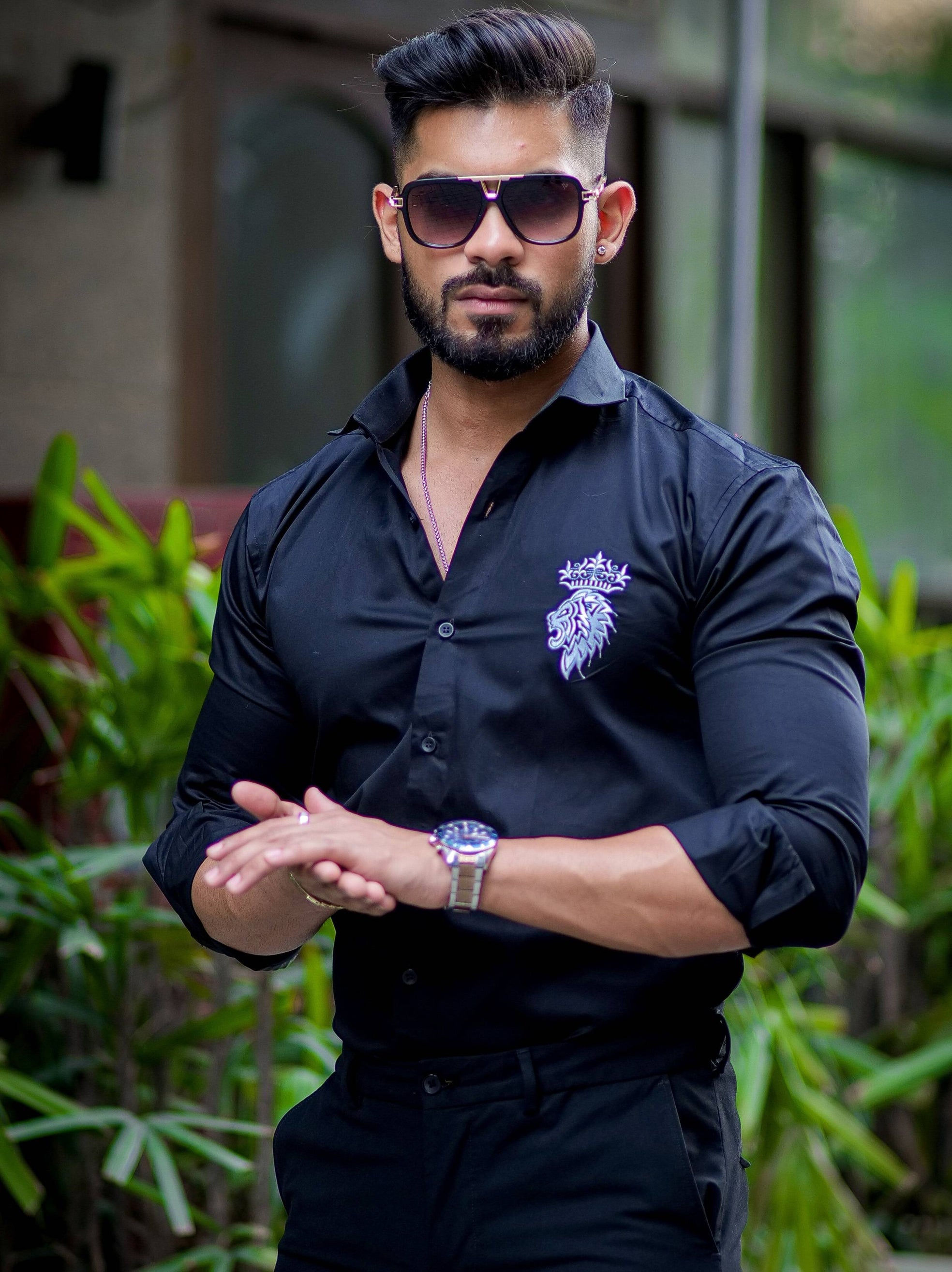 Crown With Lion Embroidered Black Premium Designer Shirt