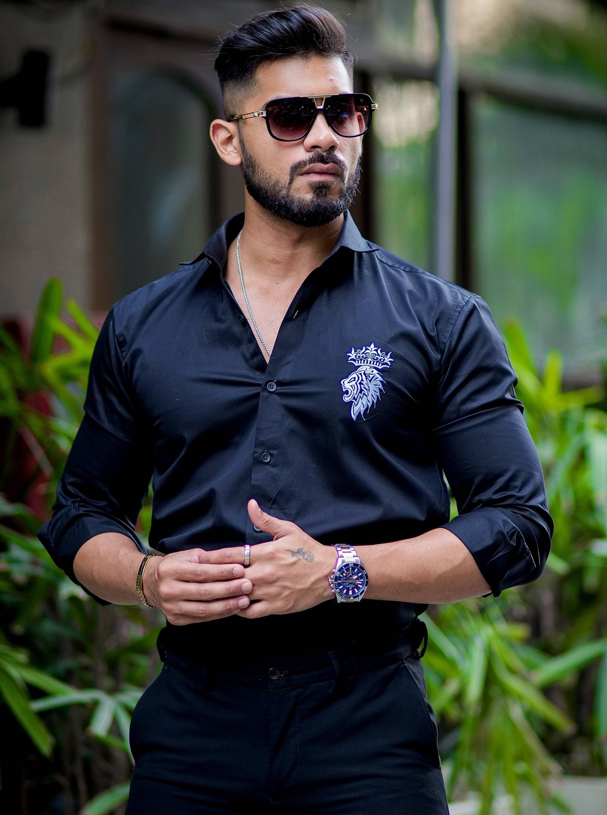 Crown With Lion Embroidered Black Premium Designer Shirt