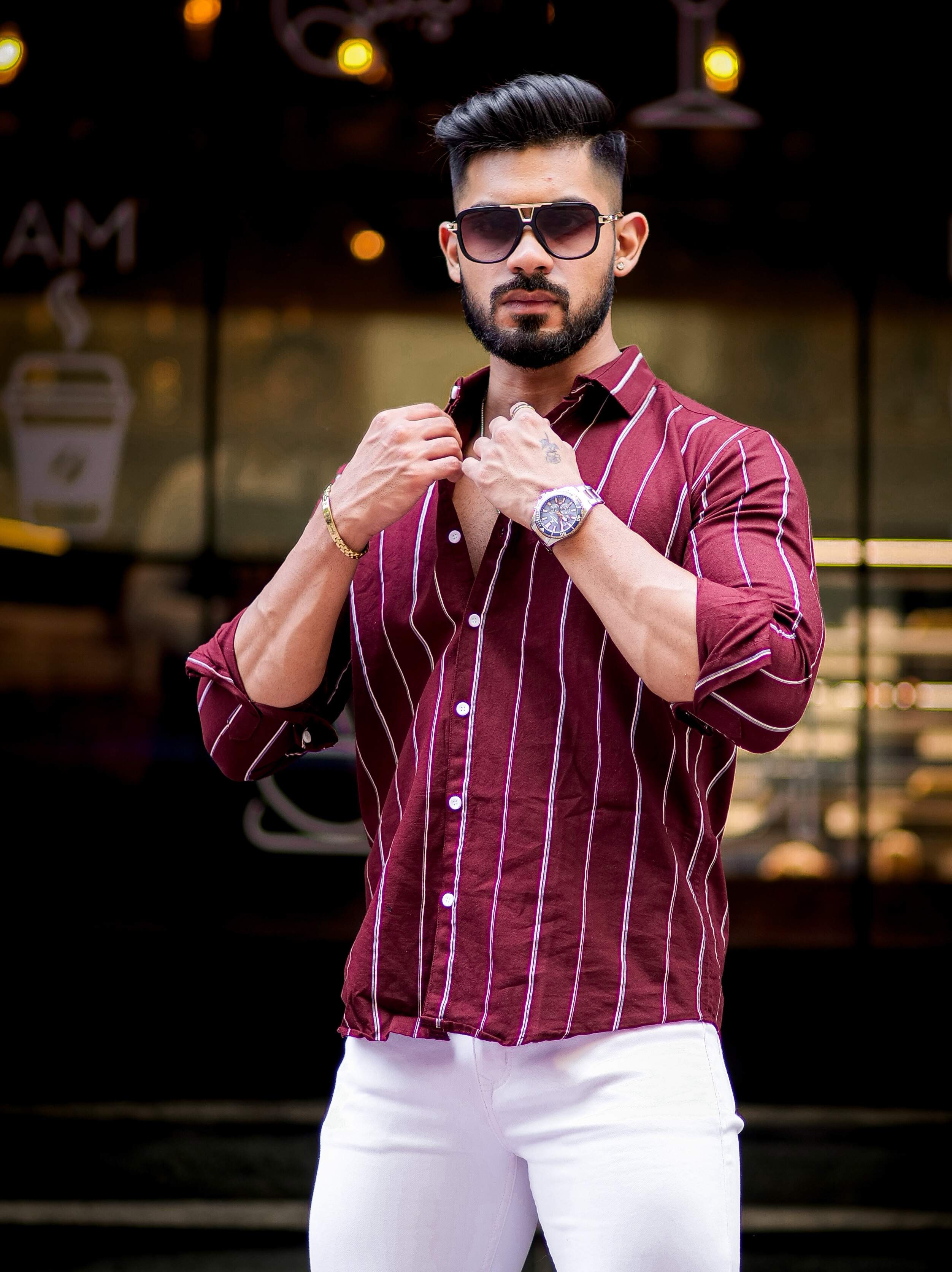 Maroon Striped Oxford Cotton Shirt