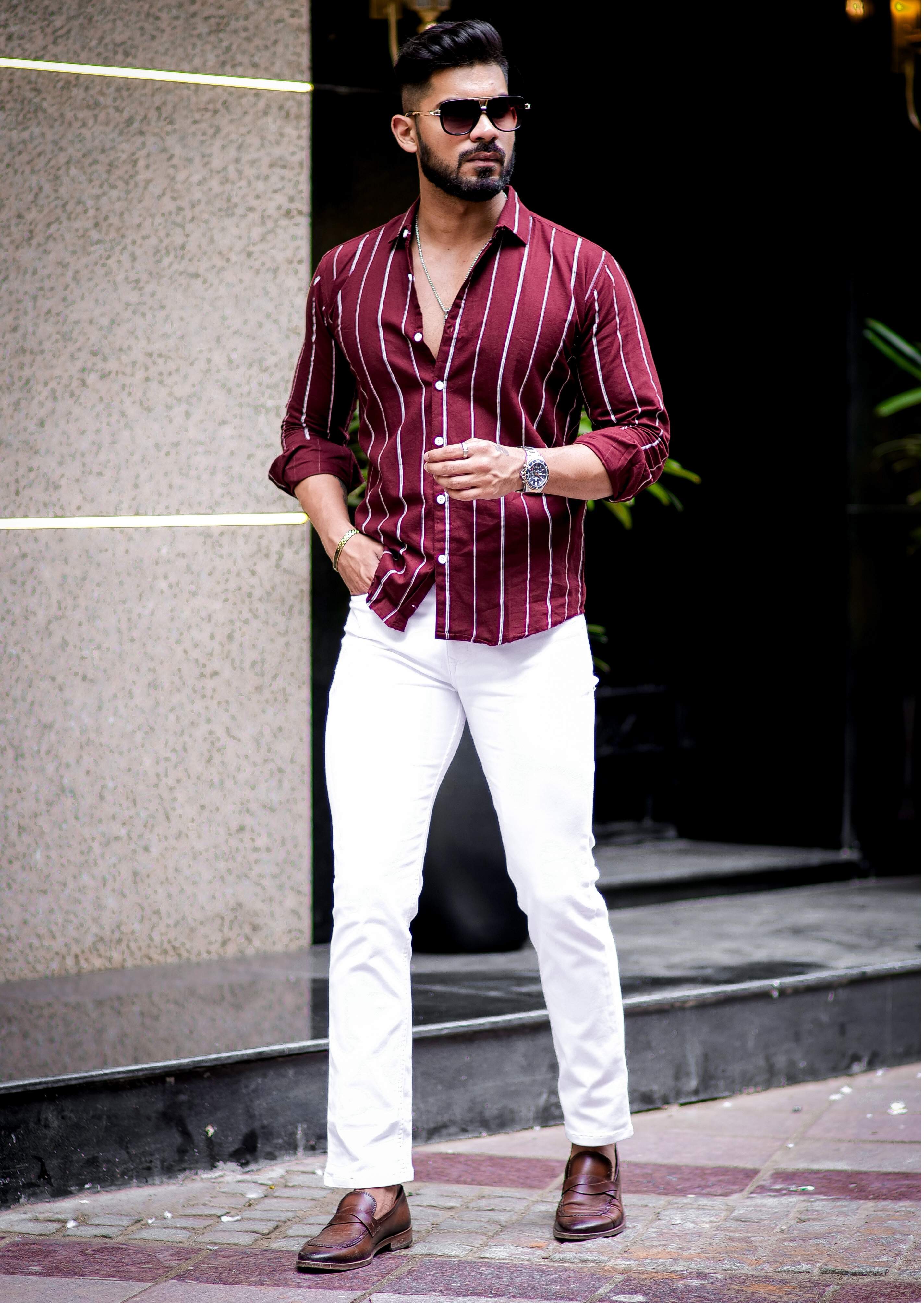 Maroon Striped Oxford Cotton Shirt