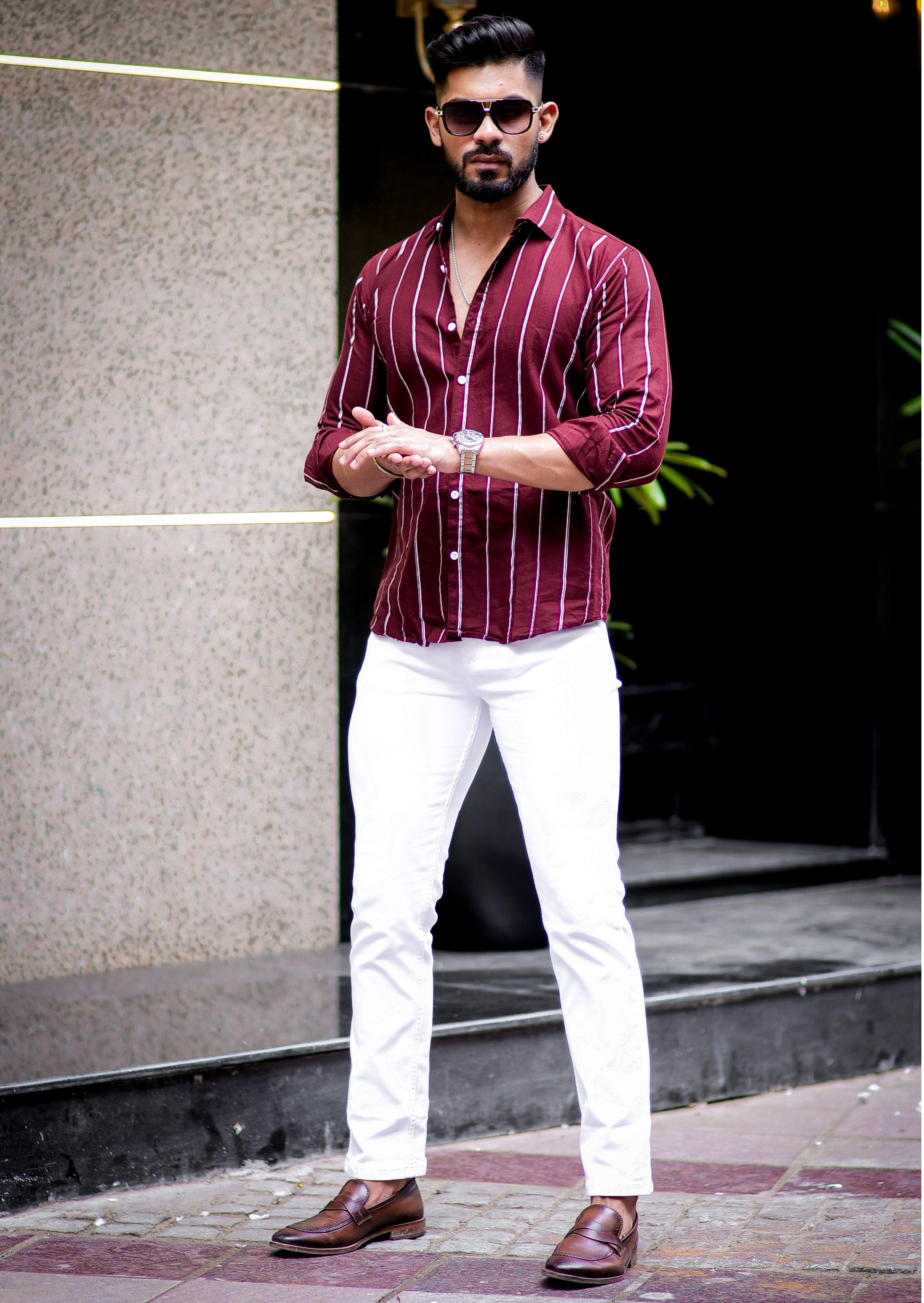 Maroon Striped Oxford Cotton Shirt