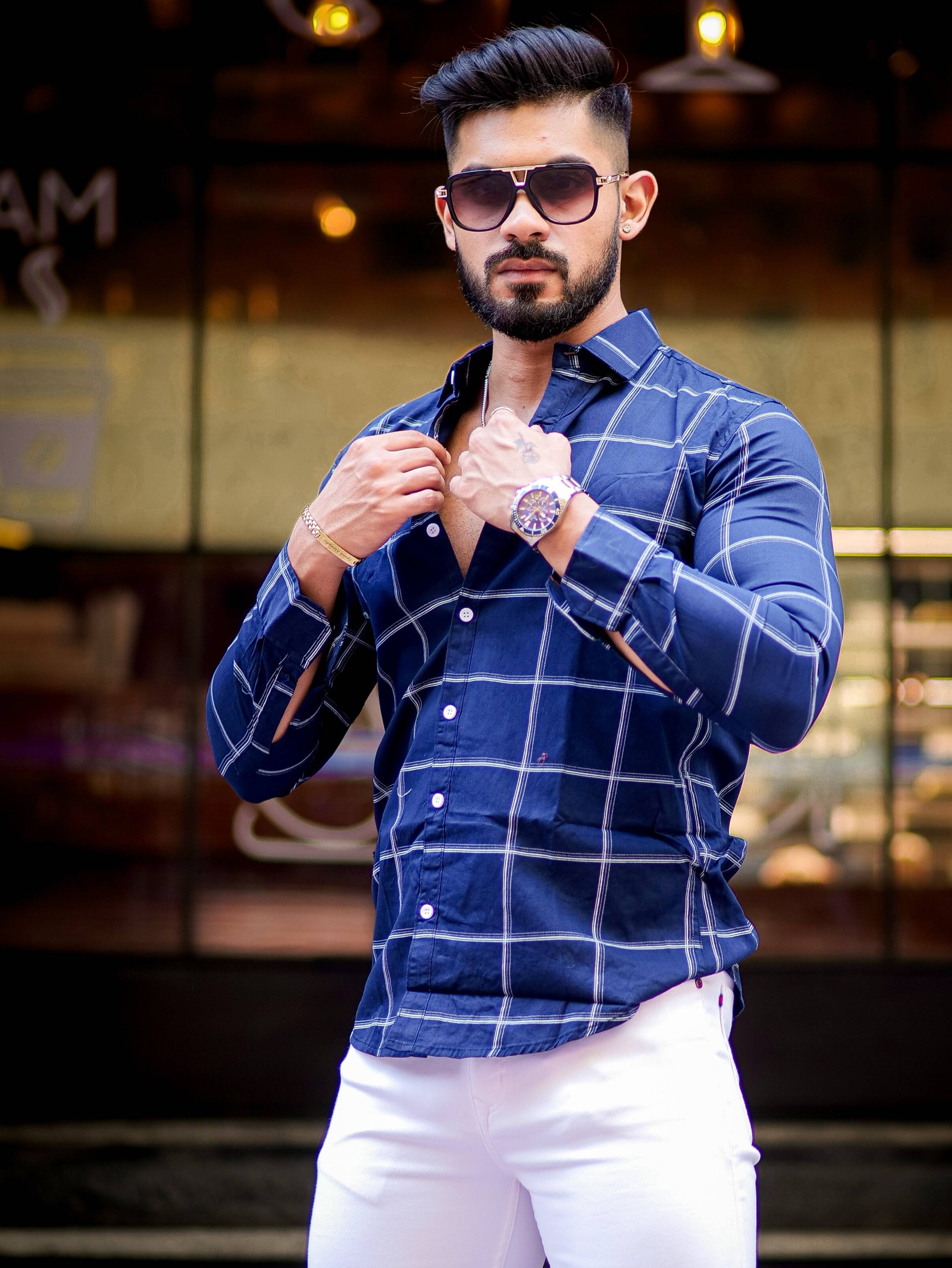 Navy Blue Check Printed Cotton Shirt For Men's – The Foomer