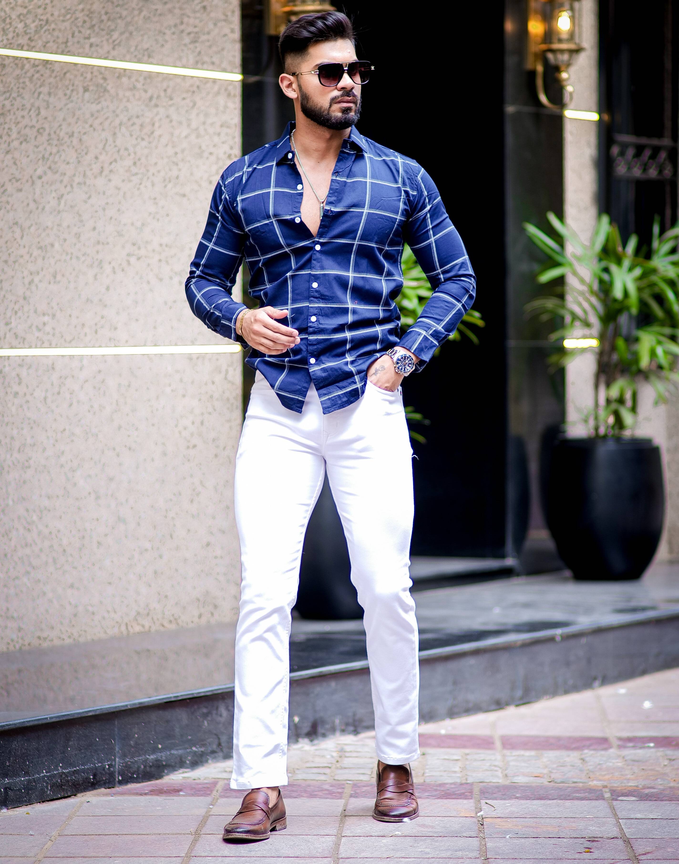 Navy Blue Check Printed Cotton Shirt For Men&#39;s