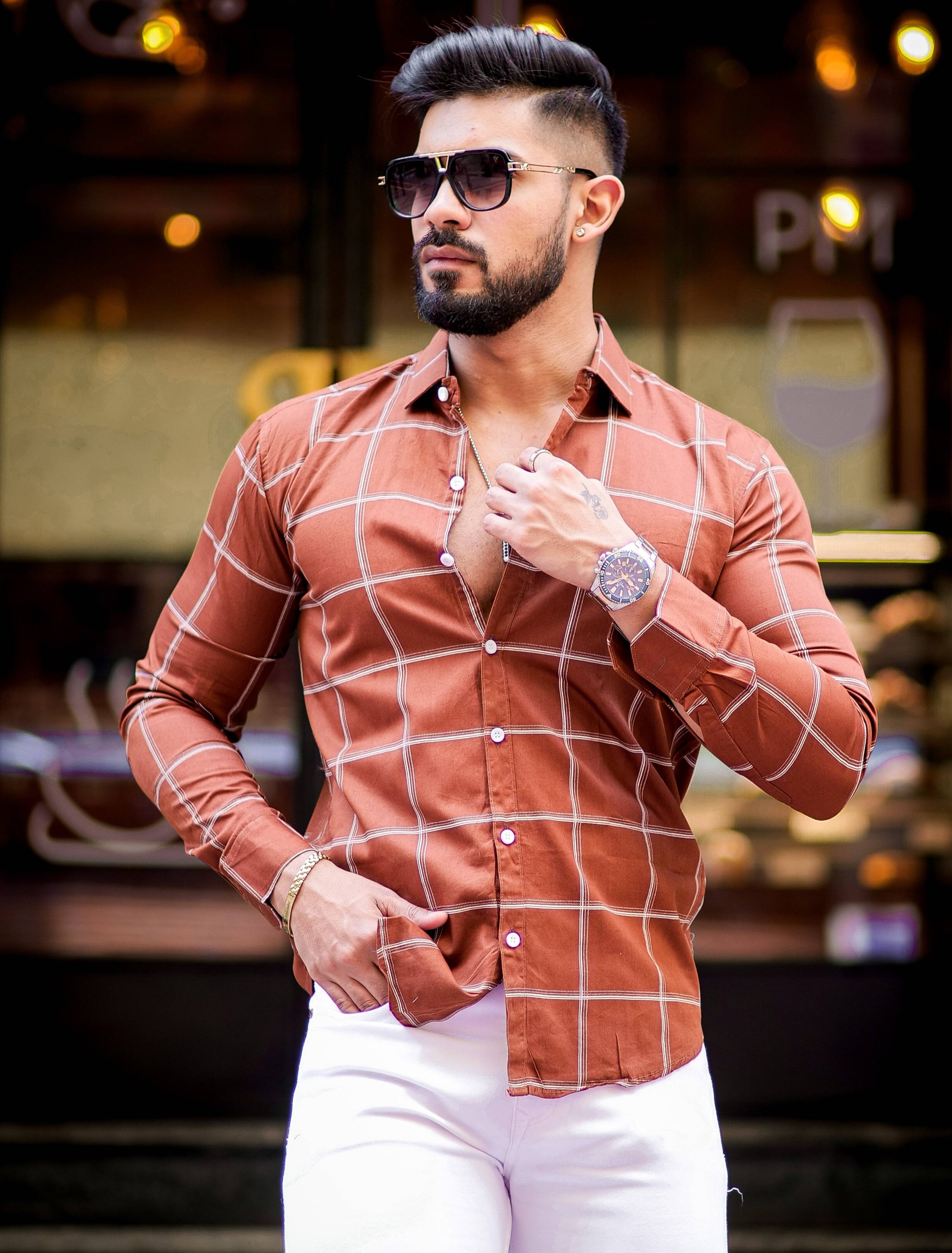 Wood Check Printed Cotton Shirt For Men&#39;s