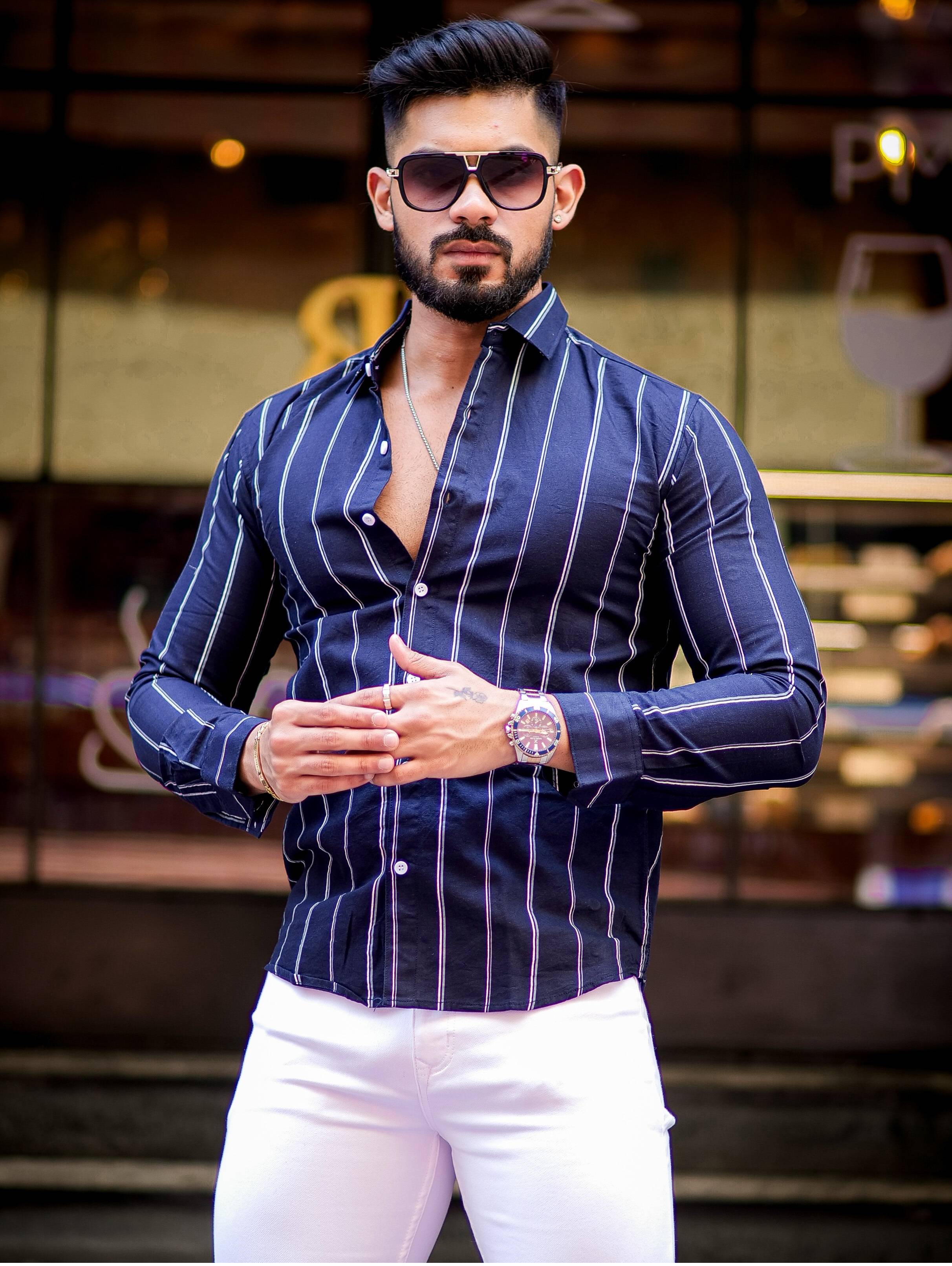 Navy Blue Striped Oxford Cotton Shirt