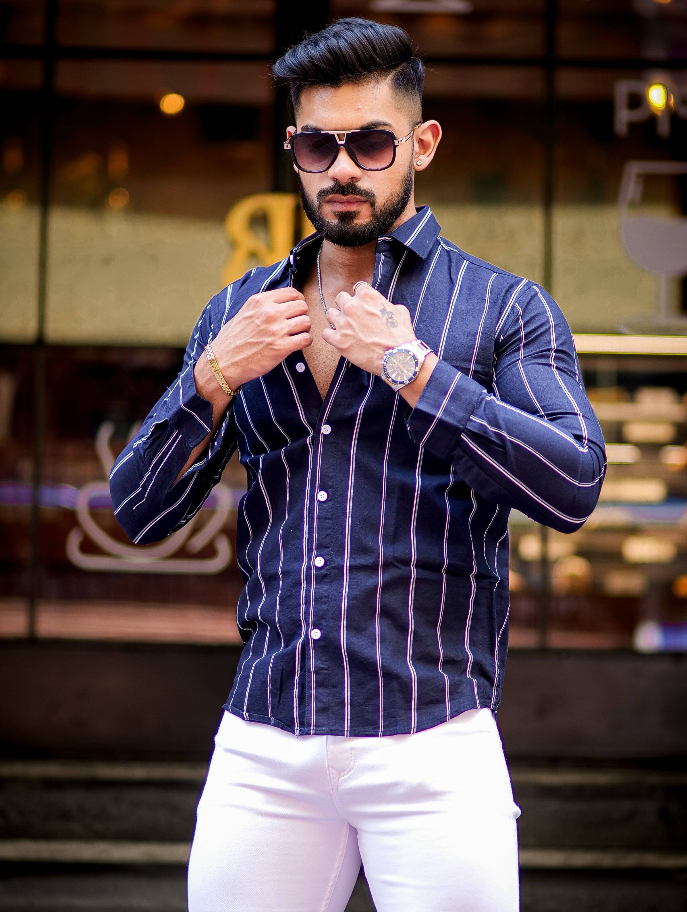 Navy Blue Striped Oxford Cotton Shirt