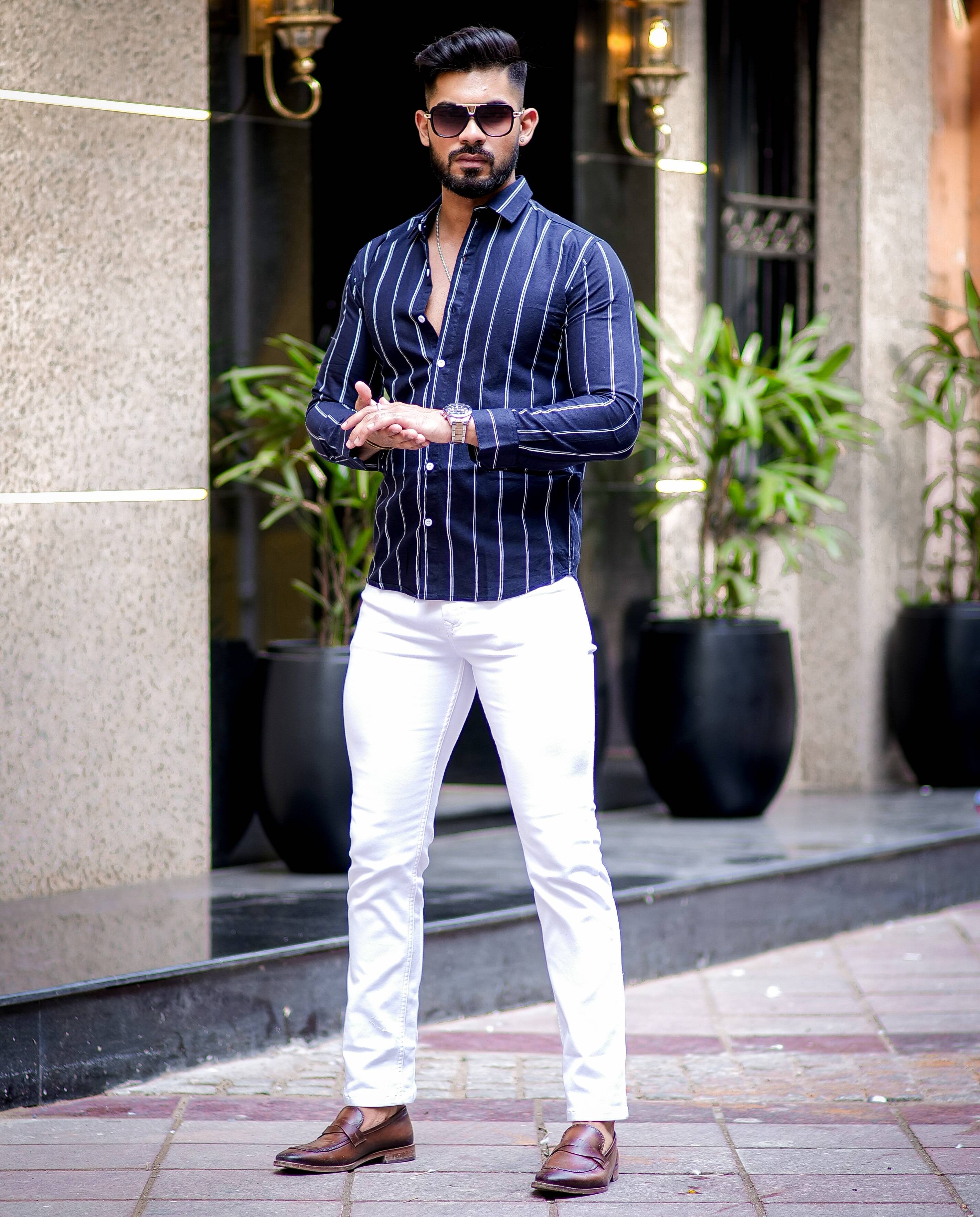 Navy Blue Striped Oxford Cotton Shirt