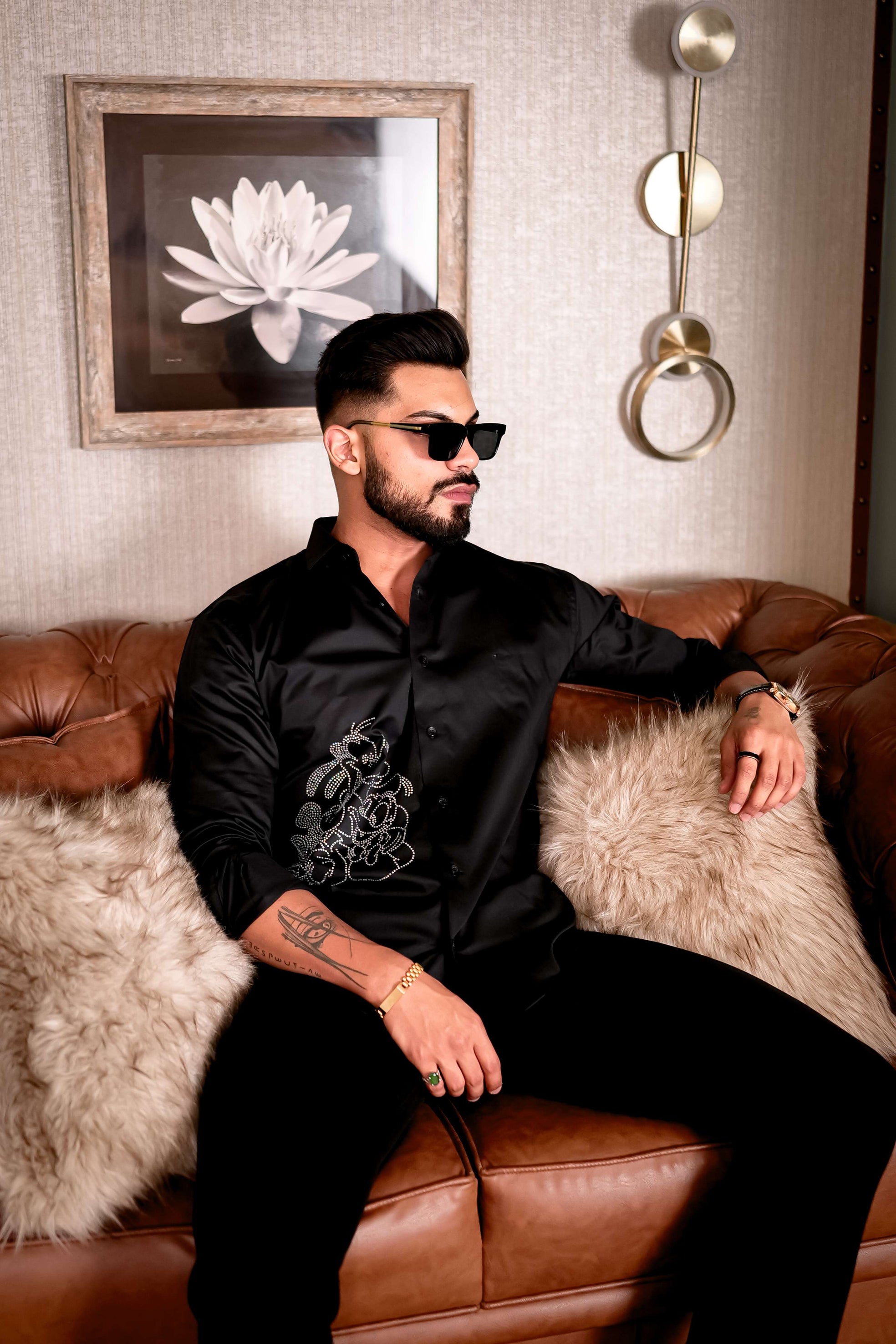 Black Starry Beaded Satin Cotton Premium Party Shirt