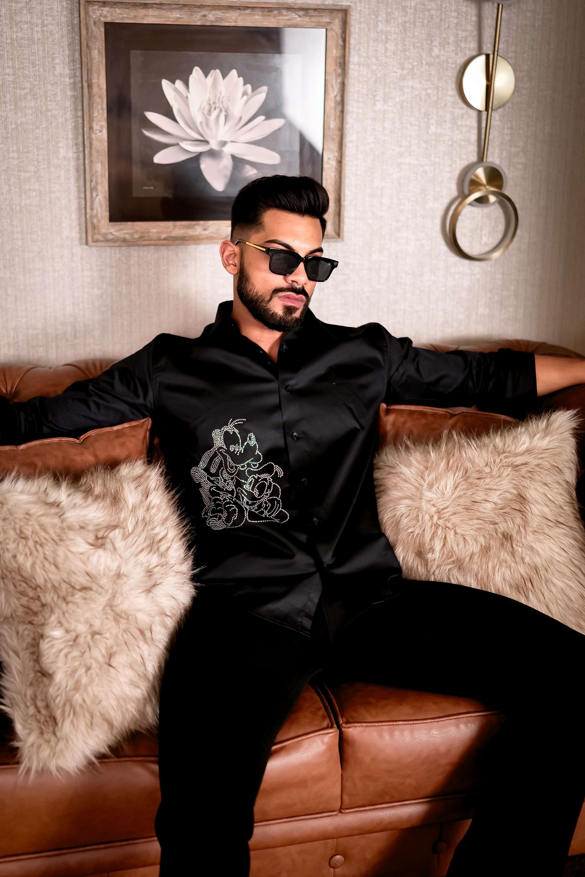 Black Starry Beaded Satin Cotton Premium Party Shirt
