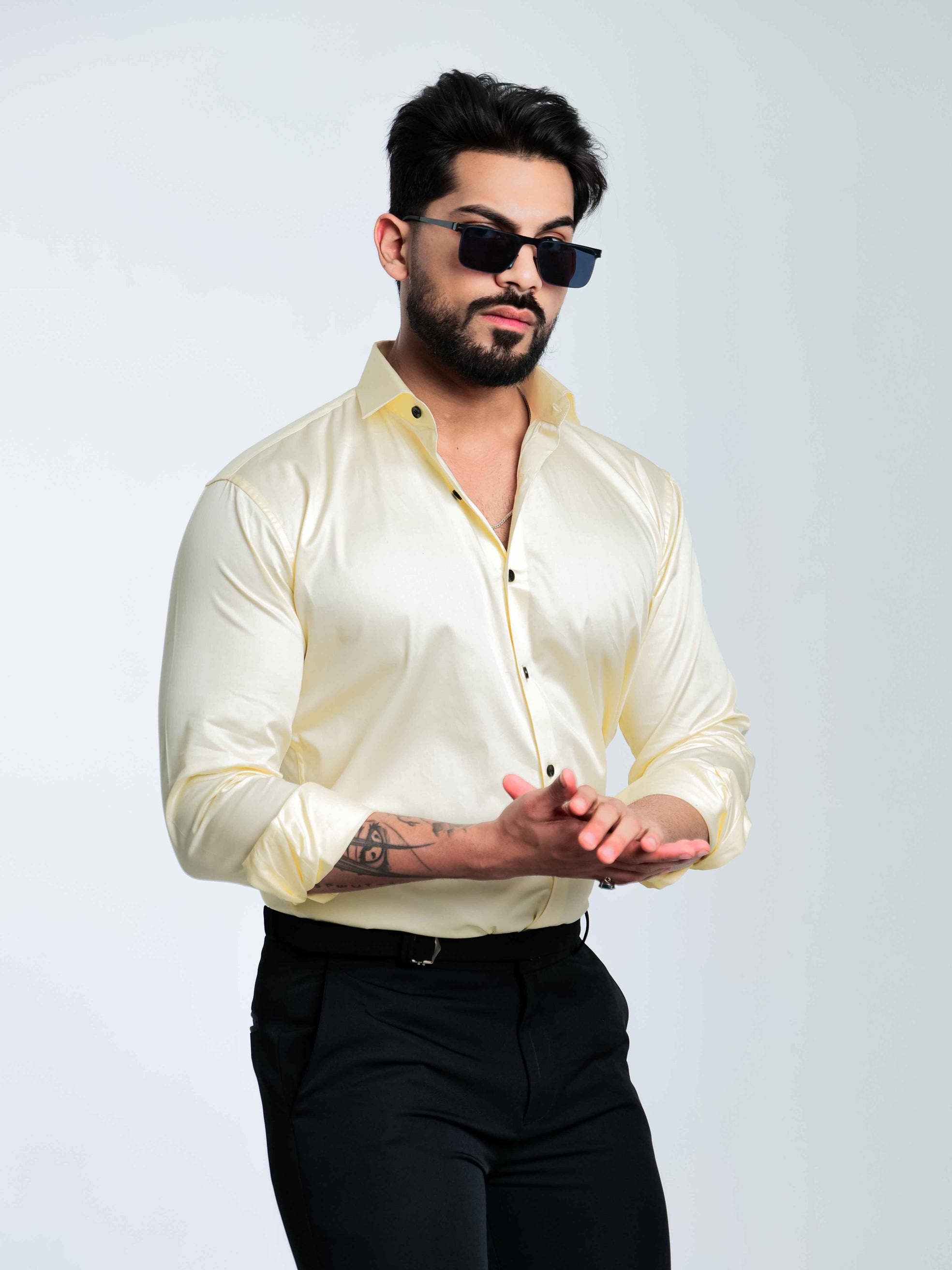 FOOMER FORMY LIGHT YELLOW LUXURY SATIN SHIRT FOR MEN'S
