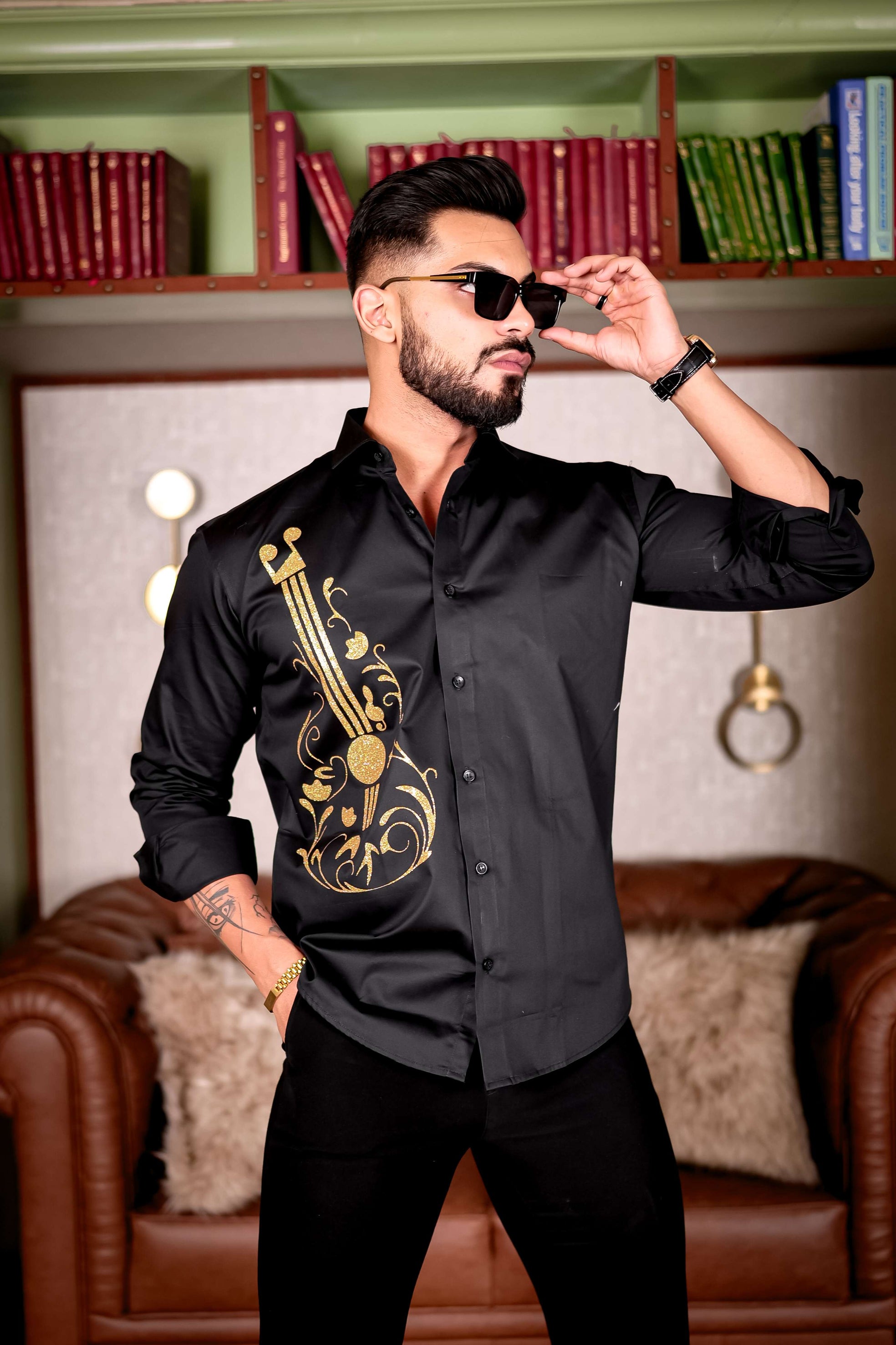 Guitar Black Club Wear Printed Satin Cotton Shirt