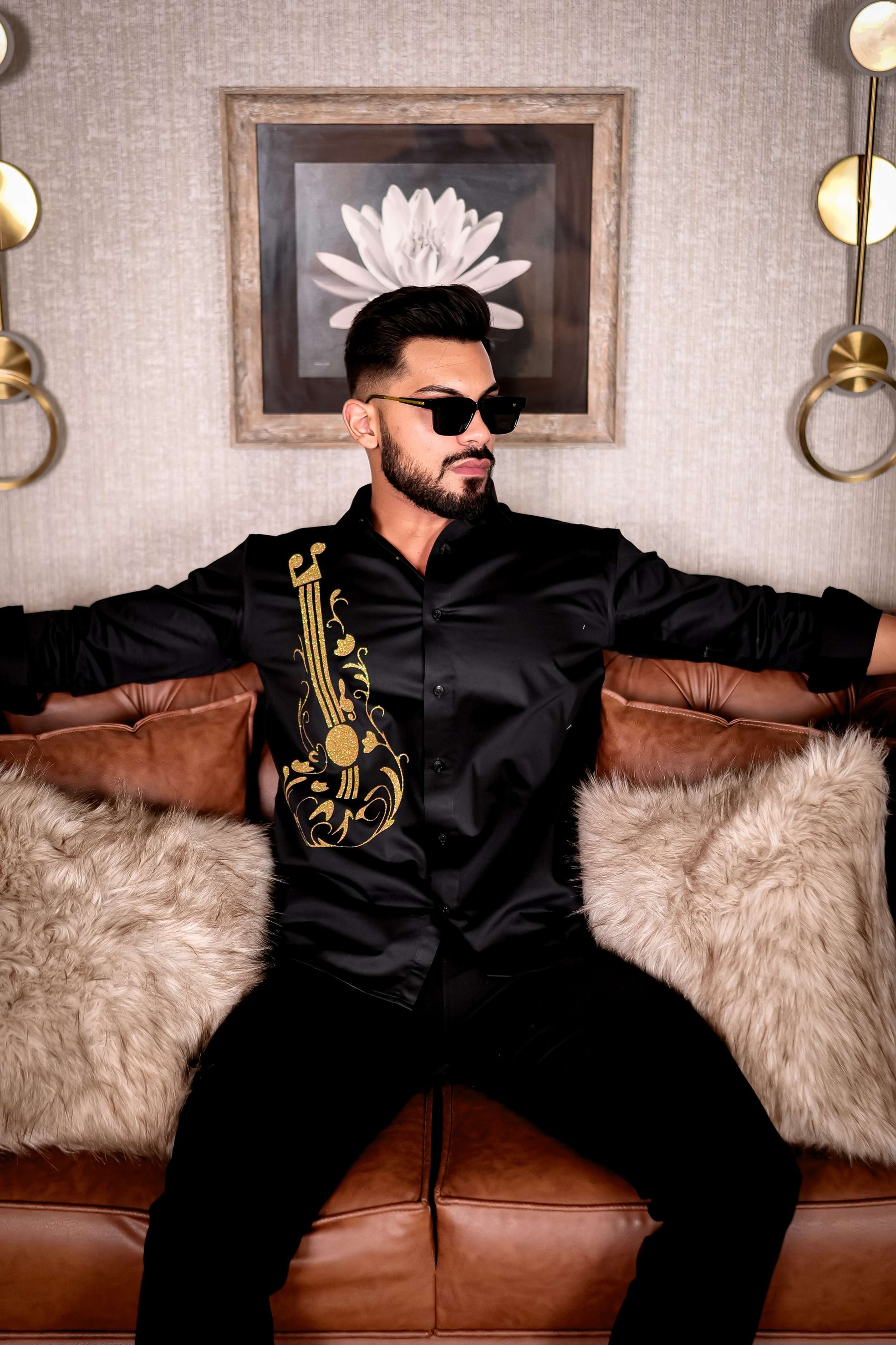 Guitar Black Club Wear Printed Satin Cotton Shirt