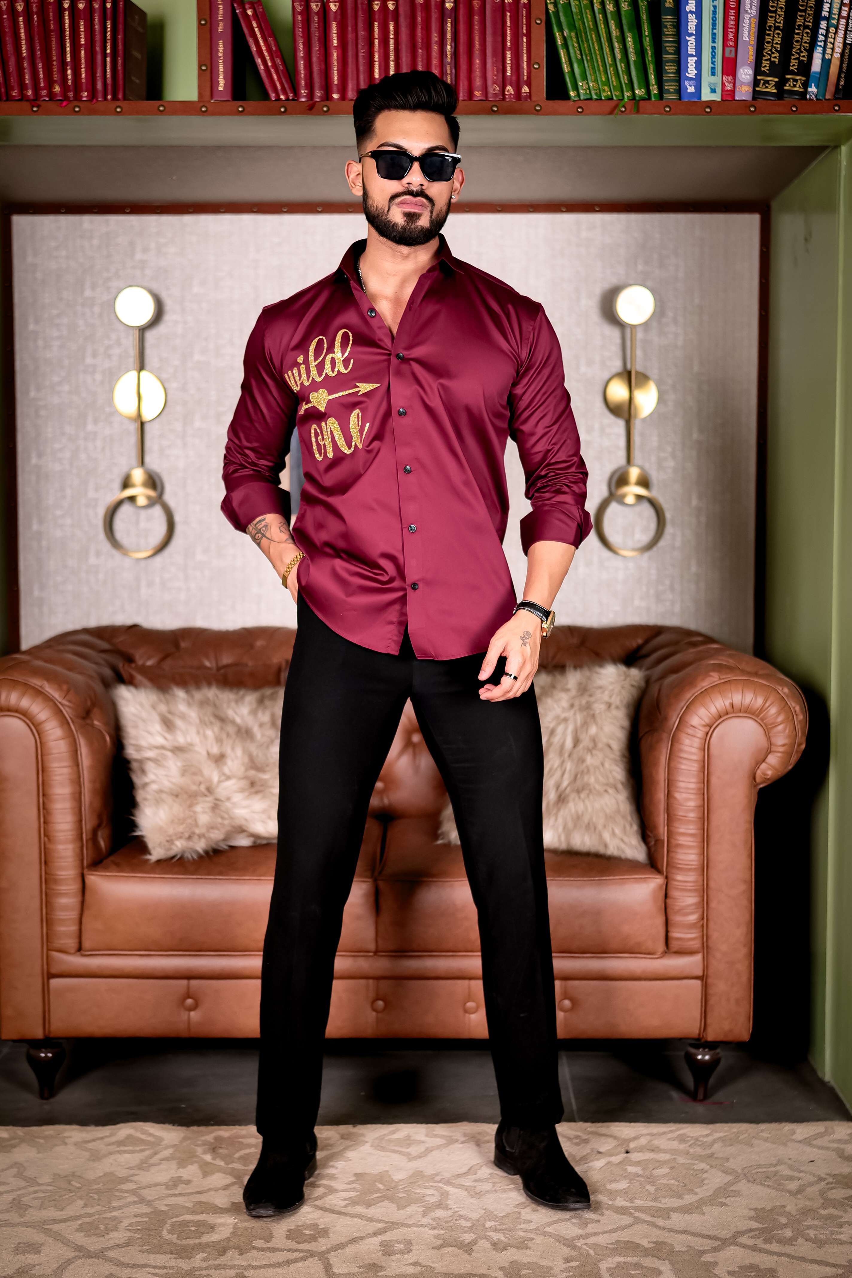 Maroon Wild One Glitter Luxury Shirt For Men&#39;s