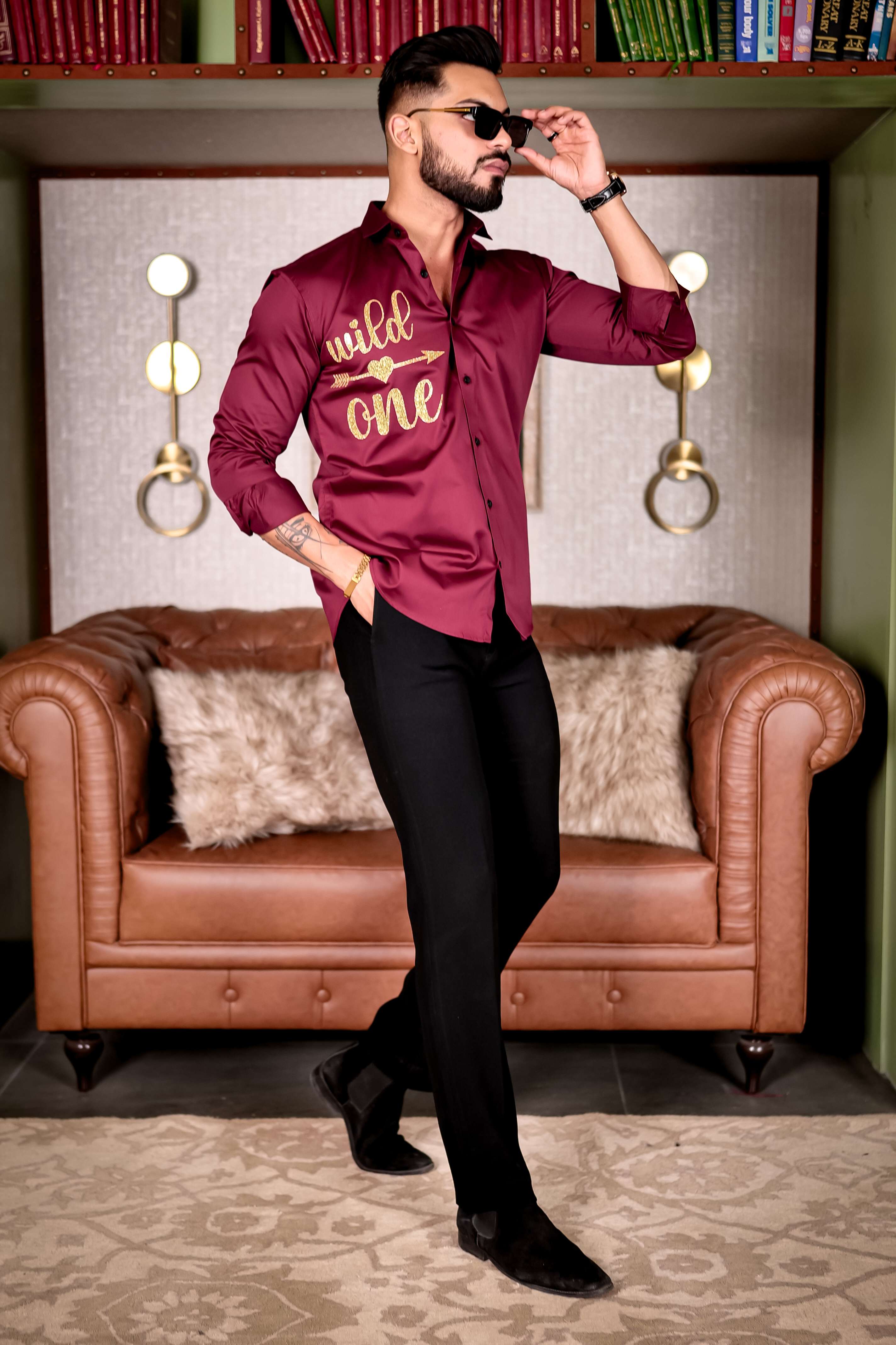 Maroon Wild One Glitter Luxury Shirt For Men&#39;s