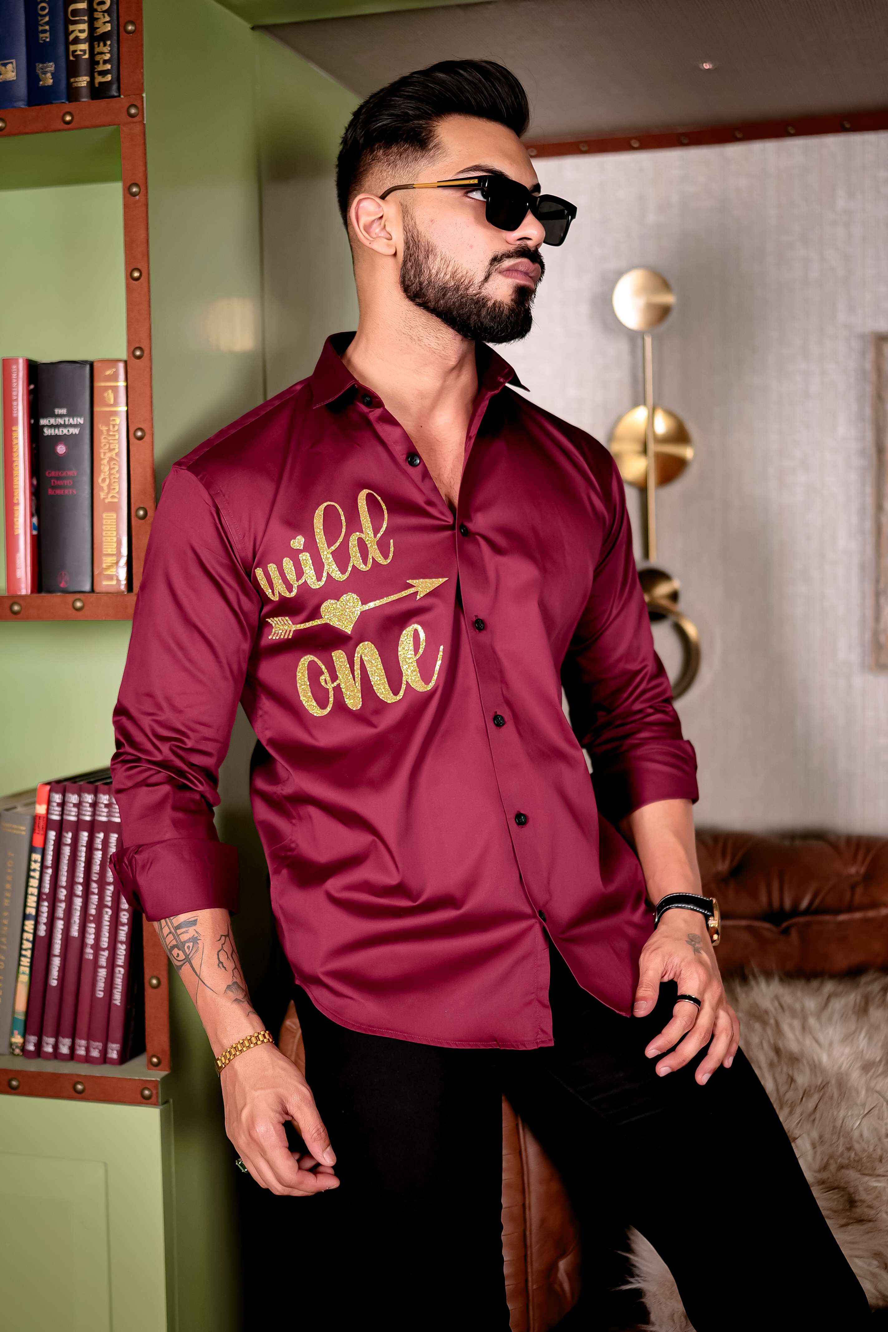 Maroon Wild One Glitter Luxury Shirt For Men&#39;s