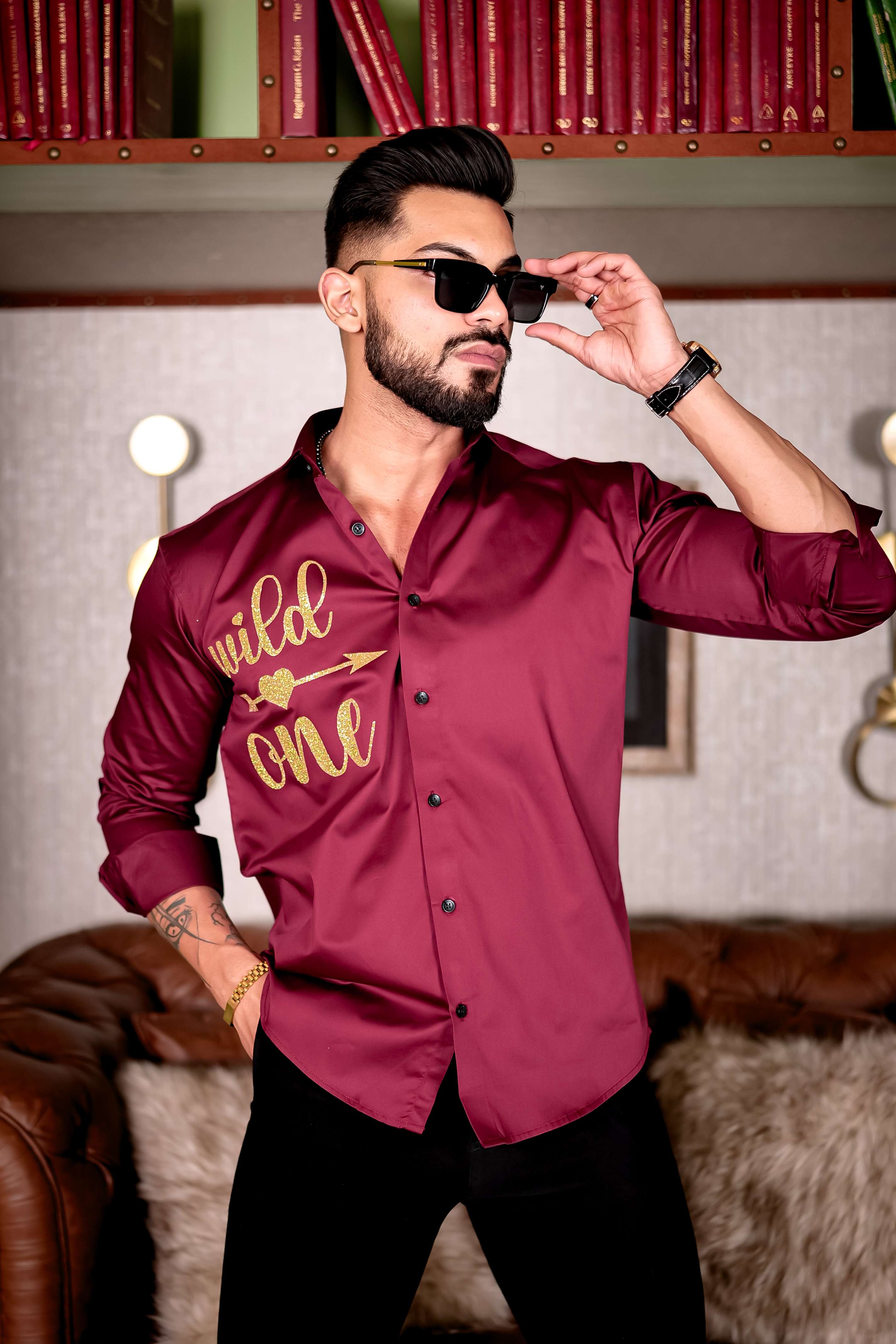 Maroon Wild One Glitter Luxury Shirt For Men&#39;s