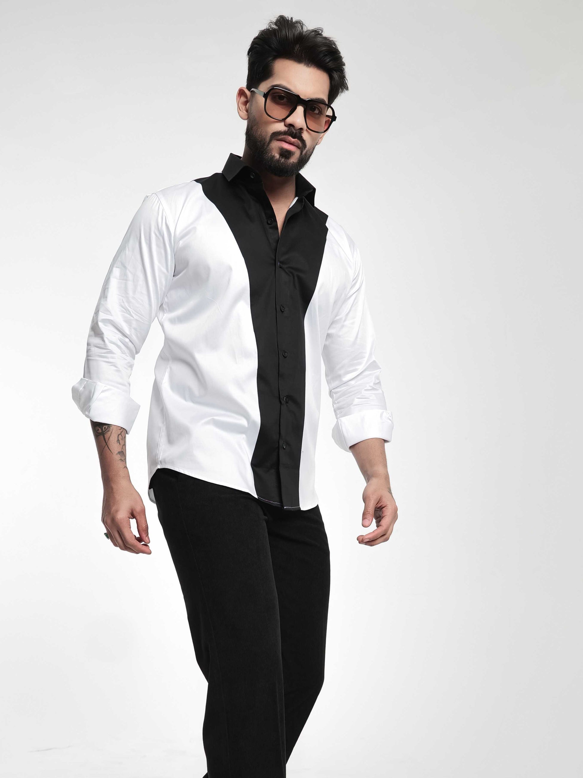 FOOMER WHITE AND BLACK CUT N SEW DESIGNER SHIRT FOR MEN'S