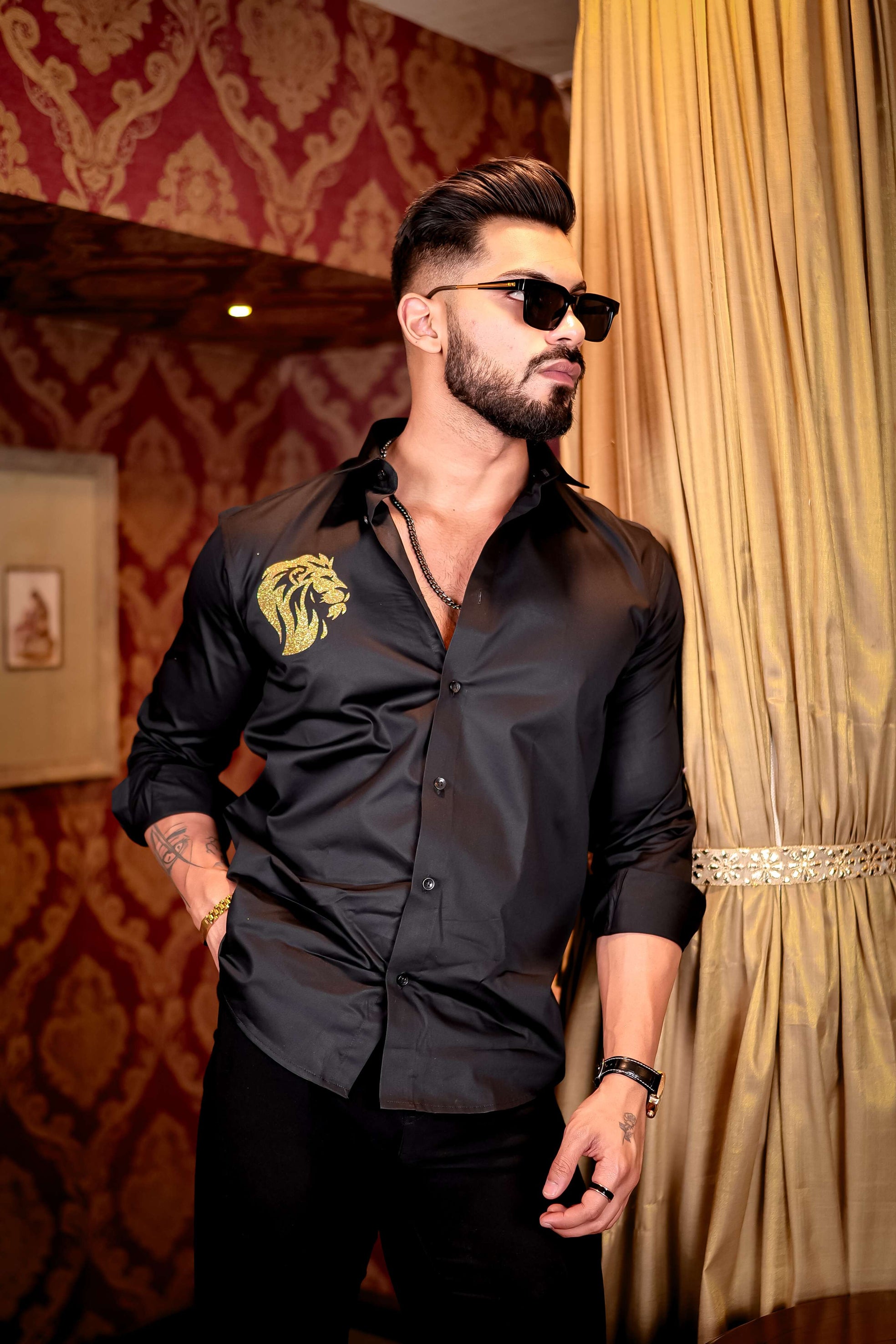 Black Club Wear Lion Printed Satin Cotton Shirt