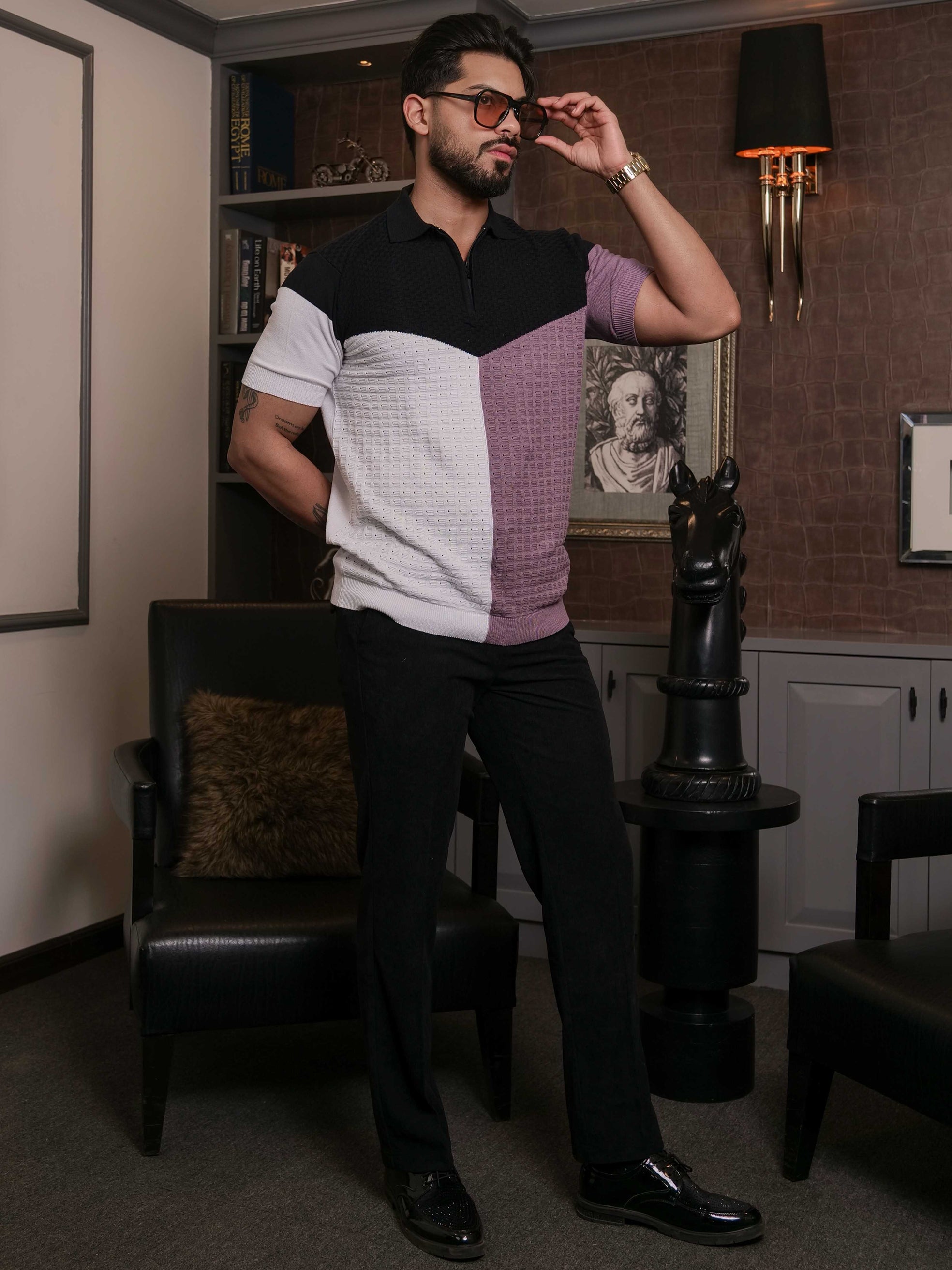 FOOMER PURPLE AND WHITE HALF SLEEVE KNITED TSHIRT FOR MEN'S