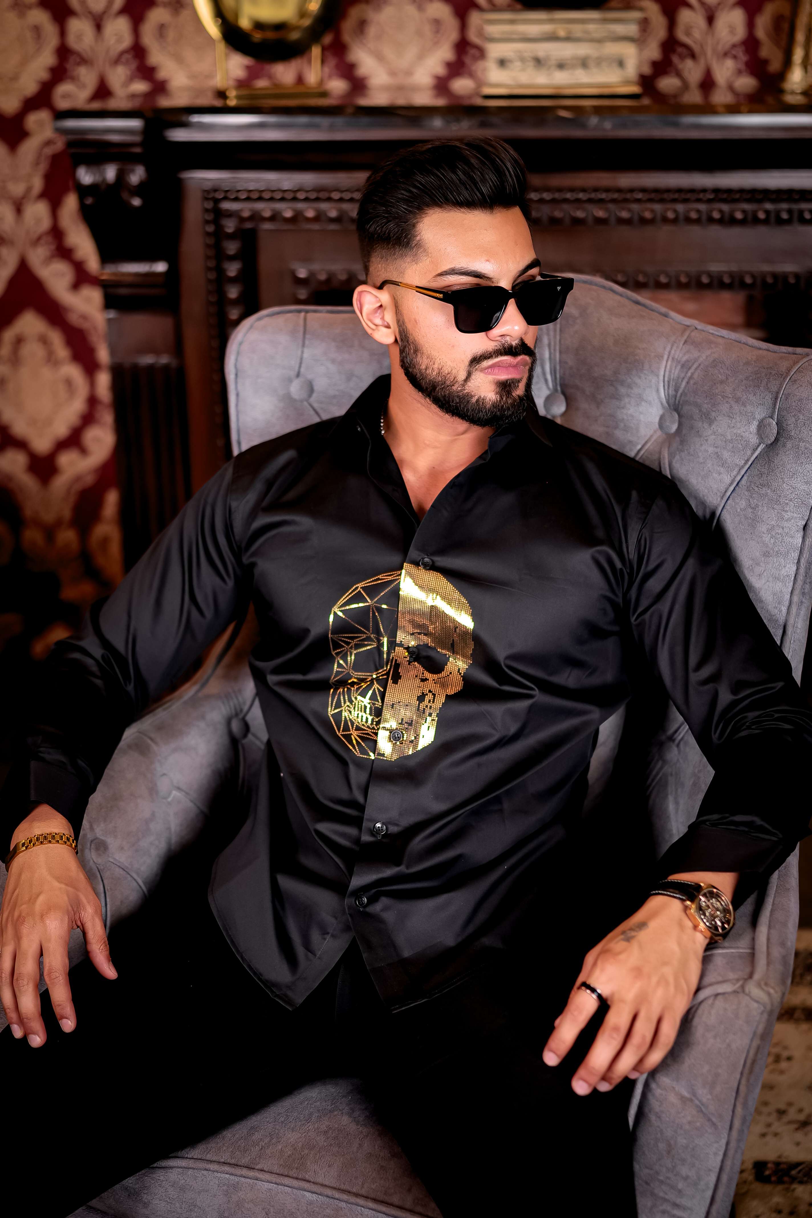 Black Horror Sequin Club Wear Satin Cotton Party Shirt