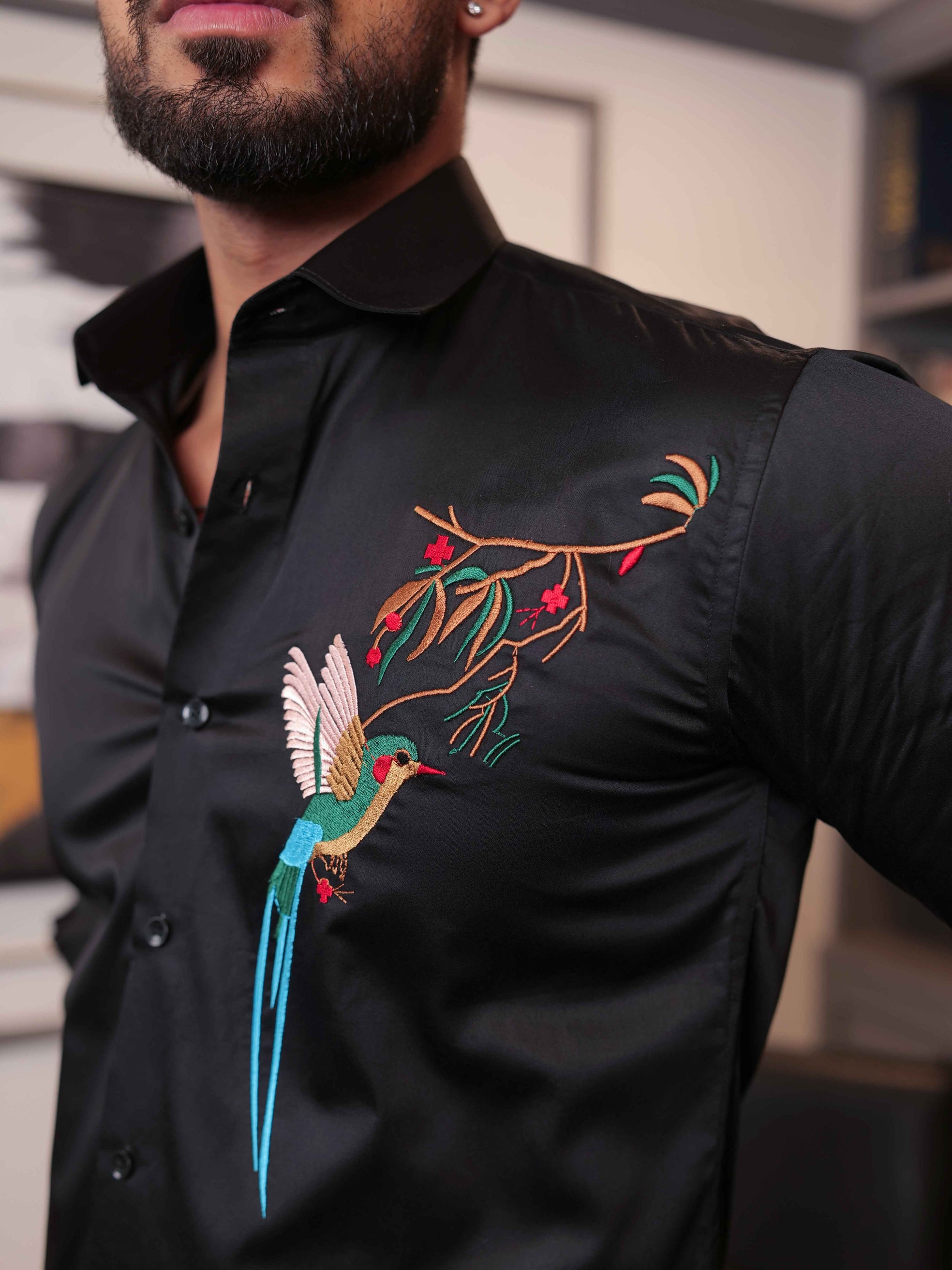 FOOMER BLACK BIRD EMBROIDERED DESIGNER WEAR SATIN COTTON SHIRT