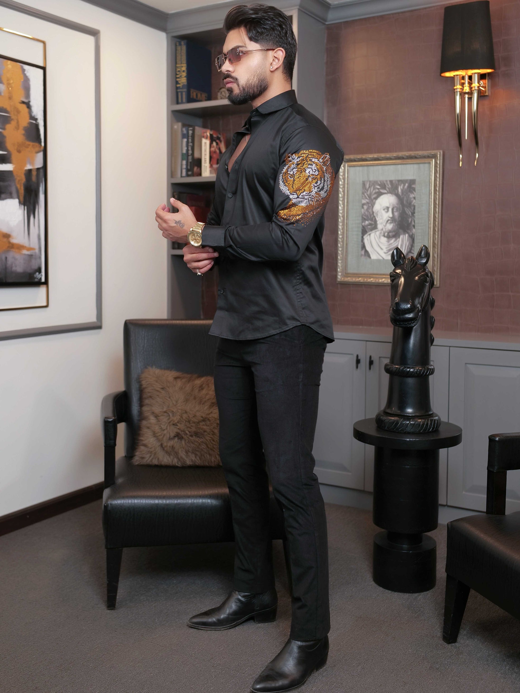 FOOMER BLACK STARRY BEADED TIGER  CLUB WEAR SATIN COTTON SHIRT FOR MEN'S