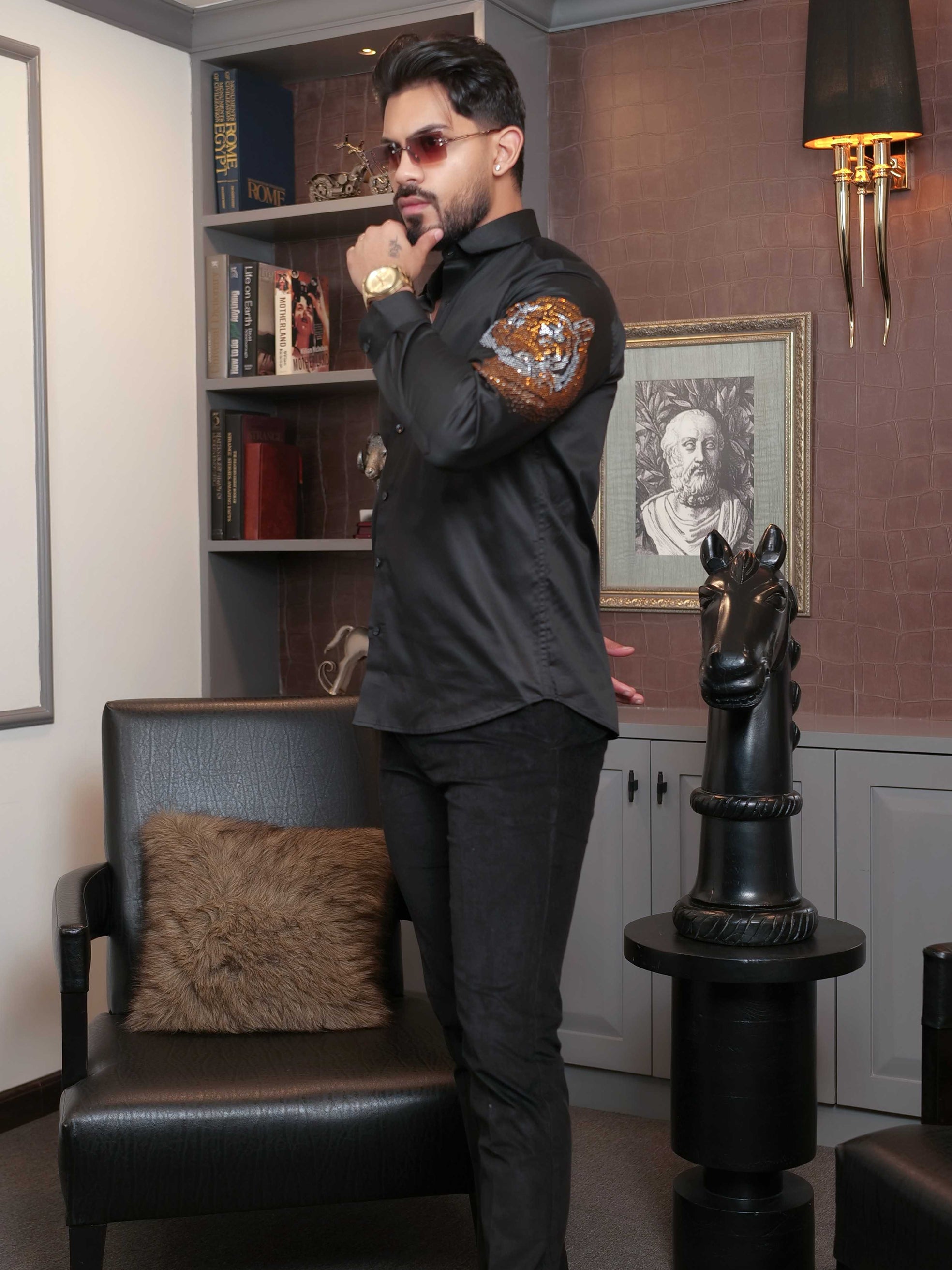 FOOMER BLACK STARRY BEADED TIGER  CLUB WEAR SATIN COTTON SHIRT FOR MEN'S